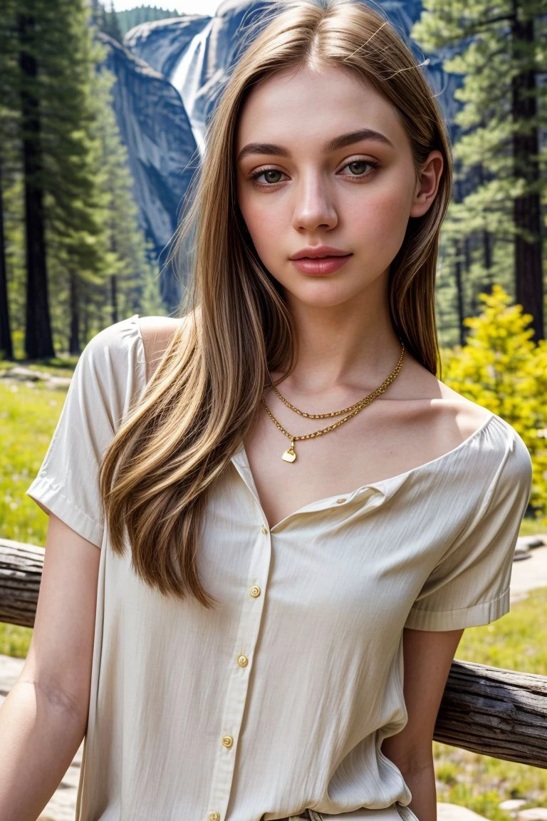 European woman, closeup, (shirt), pants, (yosemite), gold necklace , ZM_isabelle, wide shoulders, perfect face, (contact iris: 1.1), pale skin, skin pores , depth of field