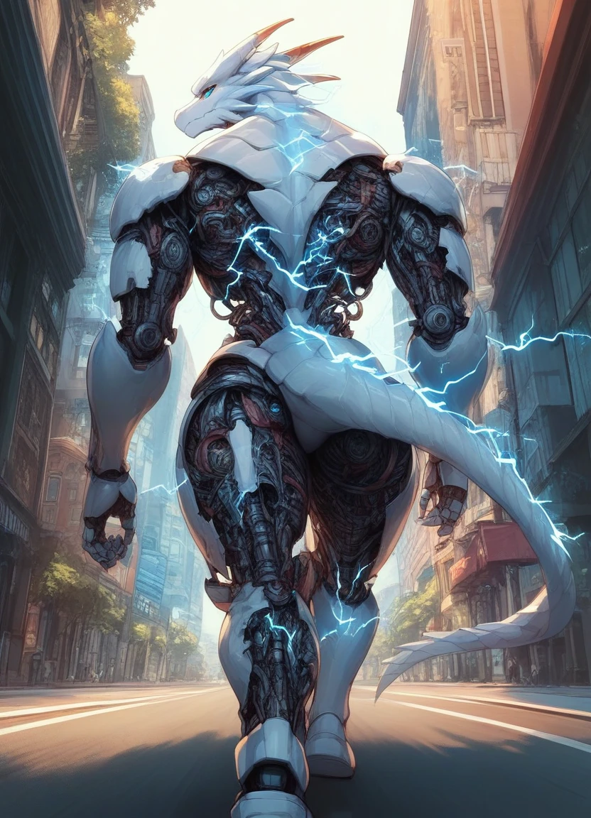 score_9, score_8, score_7, score_6, score_5, <lora:damaged_robot:0.8>, dragon, robot, [8rj], walking, (looking at viewer), tail, damaged arms, broken arms, damaged legs, white body, [[street, rear view]], electricity