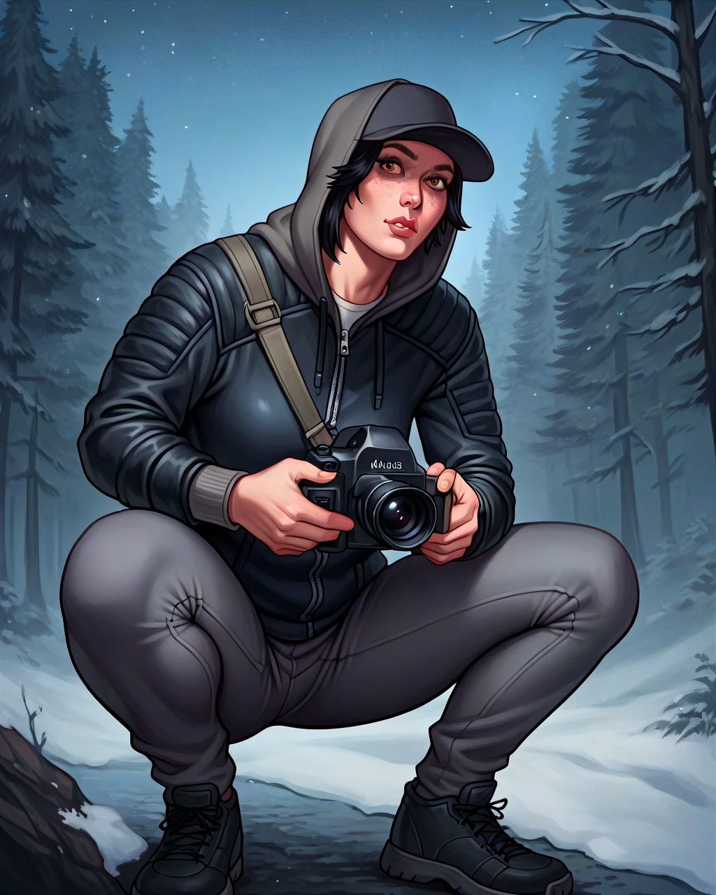 score_9, score_8_up, score_7_up, score_6_up, 1girl, holding camera, taking picture, crouching, outdoors, winter, forest, (night sky:1.3), <lora:vickDR_PDXL:1> vickDR, freckles, black hair, brown eyes, (case0:1.2), leather jacket, grey hood up, black baseball cap, grey pants