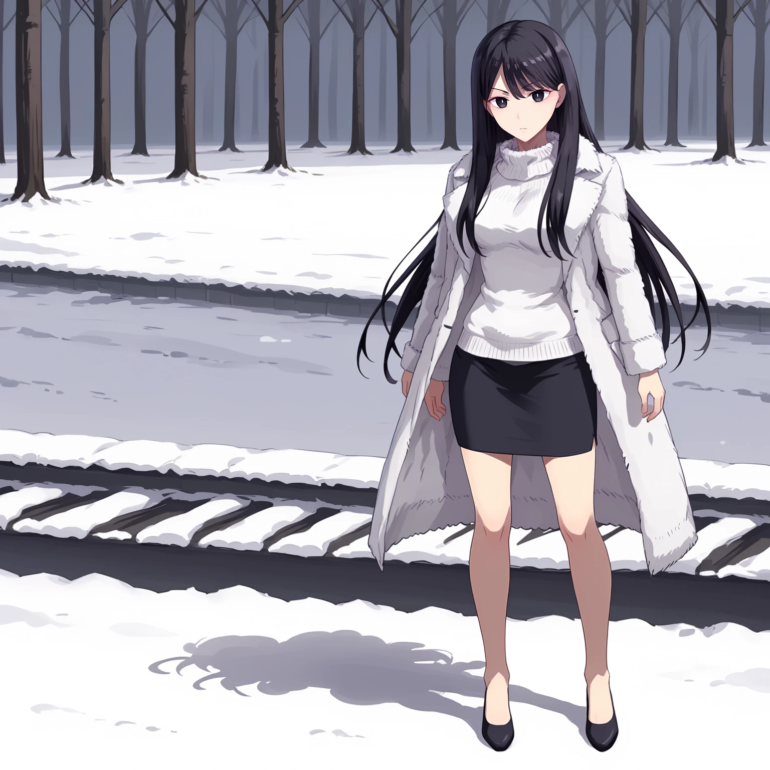 <lora:HikariKurodaXLpony001>,
solo,
HikariKuroda,1girl,black hair,long hair,black eyes,
white sweater,fur coat,
pencil_skirt,
full body,standing,