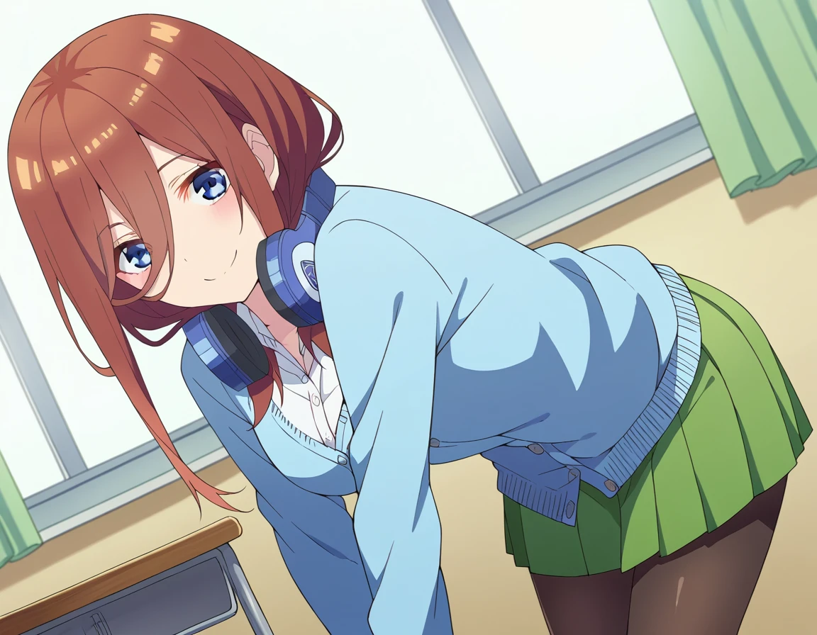 score_9, score_8_up, score_7_up, source_anime,
mikunakano, <lora:miku-nakano-s2-ponyxl-lora-nochekaiser:1>,
miku nakano, long hair, bangs, blue eyes, brown hair, shirt, hair between eyes, headphones, cardigan, headphones around neck,
skirt, shirt, long sleeves, white shirt, pantyhose, pleated skirt, black pantyhose, cardigan, green skirt, blue cardigan,
indoors, classroom, smile, bent over,
looking at viewer, cowboy shot, dutch angle, solo,