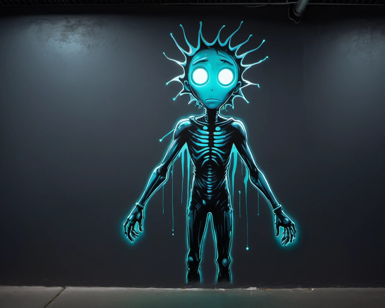 (((wall graffiti drawing:1.3) of (1man:1.32), (mid twenty:1.25), , (color scheme: dark slate gray,cyan), (Wall Graffiti:1.3), (Graffiti:1.2))) artwork, flat shading, (influenced by banksy), Lateral illumination, Off-axis lighting, Directional light, Panoramic view, Wide angle, (neon stripes:1.1), neon background, (glowing:1.1)(bioluminescence), light rays, (lineart, thick lines, clear lines:1.2), comic, 2d, (straight view:1.2), (frontal view:1.3), night, dark, (bioluminescence:1.2), (iridescent:1.2), pixar, animation, realism, (epic:1.2), realistic, trending on artstation, 3d, (high quality:1.2), (masterpiece:1.2), high details, incredibly absurdres, colorful), photograph, film, best quality, highres