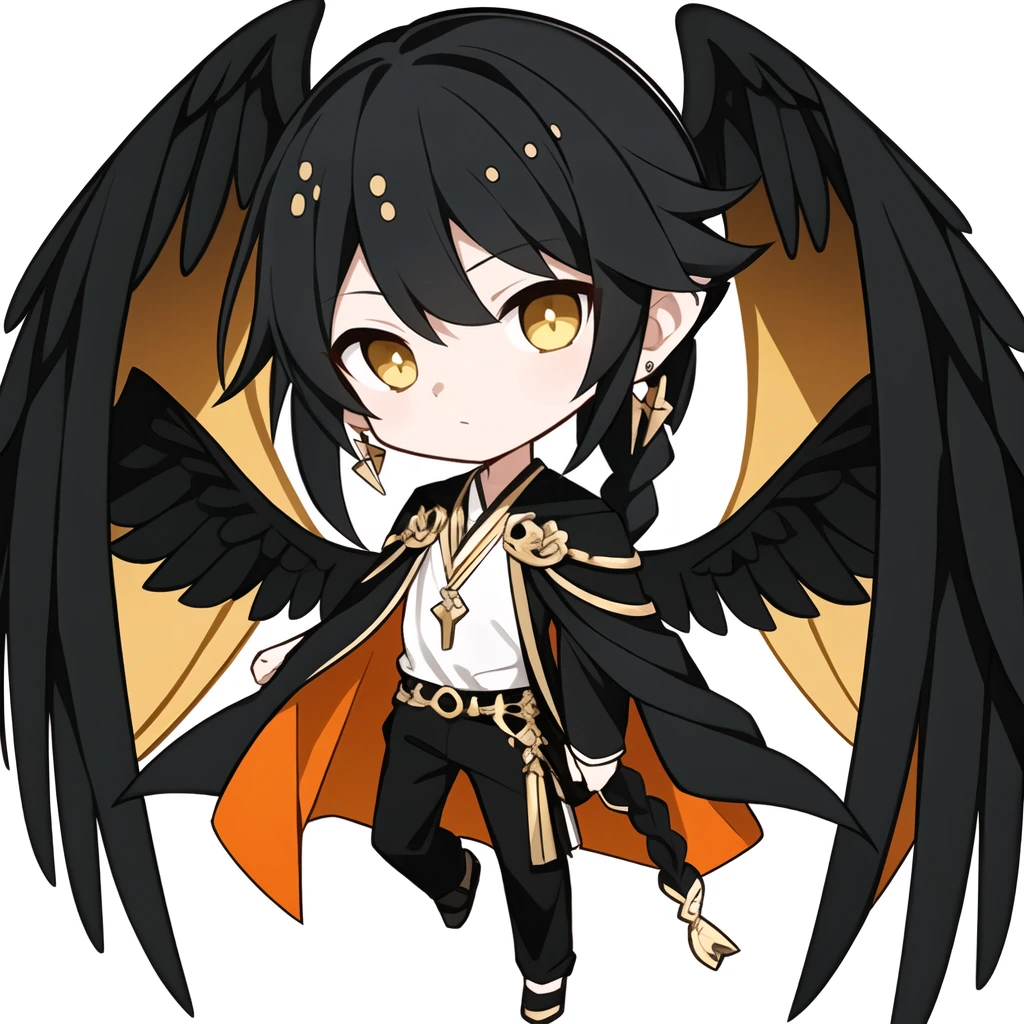 <lora:Ertouqchibi_20240428100010-000017:0.5>,Ertouqchibi,1boy,male focus,chibi,black hair,braid,jewelry,solo,earrings,wings,white background,long hair,yellow eyes,cape,full body,looking at viewer,black pants,black wings,black cape,orange eyes,pants,