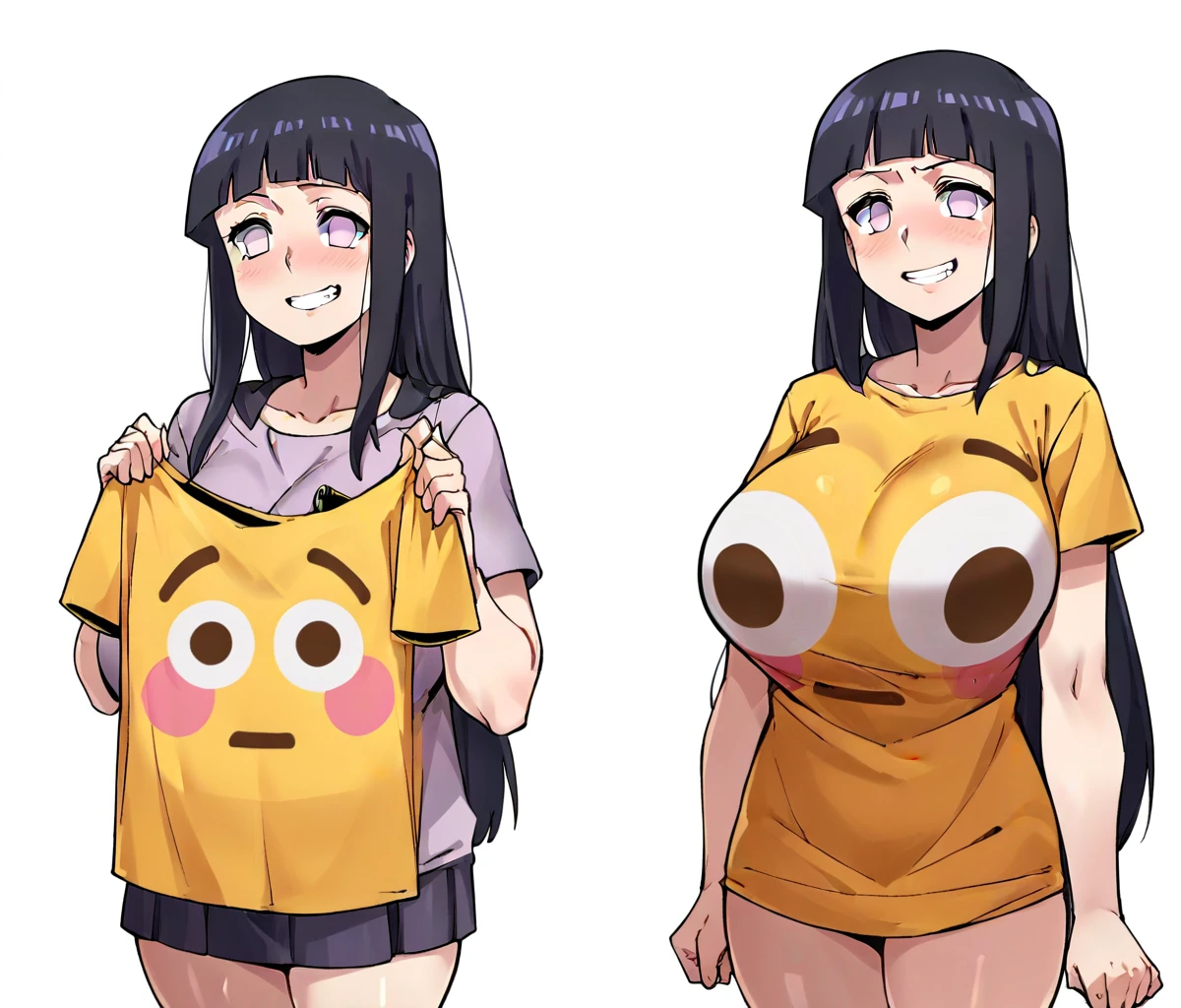 score_9, score_8_up, score_7_up, score_6_up, score_5_up, score_4_up, BREAK, flushed_emoji_shirt, 1girl, multiple views, thighs, <lora:flushed_shirt_meme_civit:0.8>, t-shirt, ((large breasts)), simple background, grin, ((oversized breasts)), <lora:Hinata_Pony_XL:0.8>, (hinata, hyuuga hinata, purple eyes, blunt bangs, black hair, white eyes, no pupils)