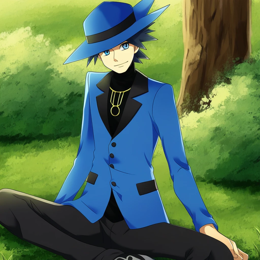 RileyGen, 1boy, solo, male focus, spiked hair, black hair, short hair, smile, outdoors, hat, blue headwear, black shirt, black pants, blue jacket, necklace, blue eyes