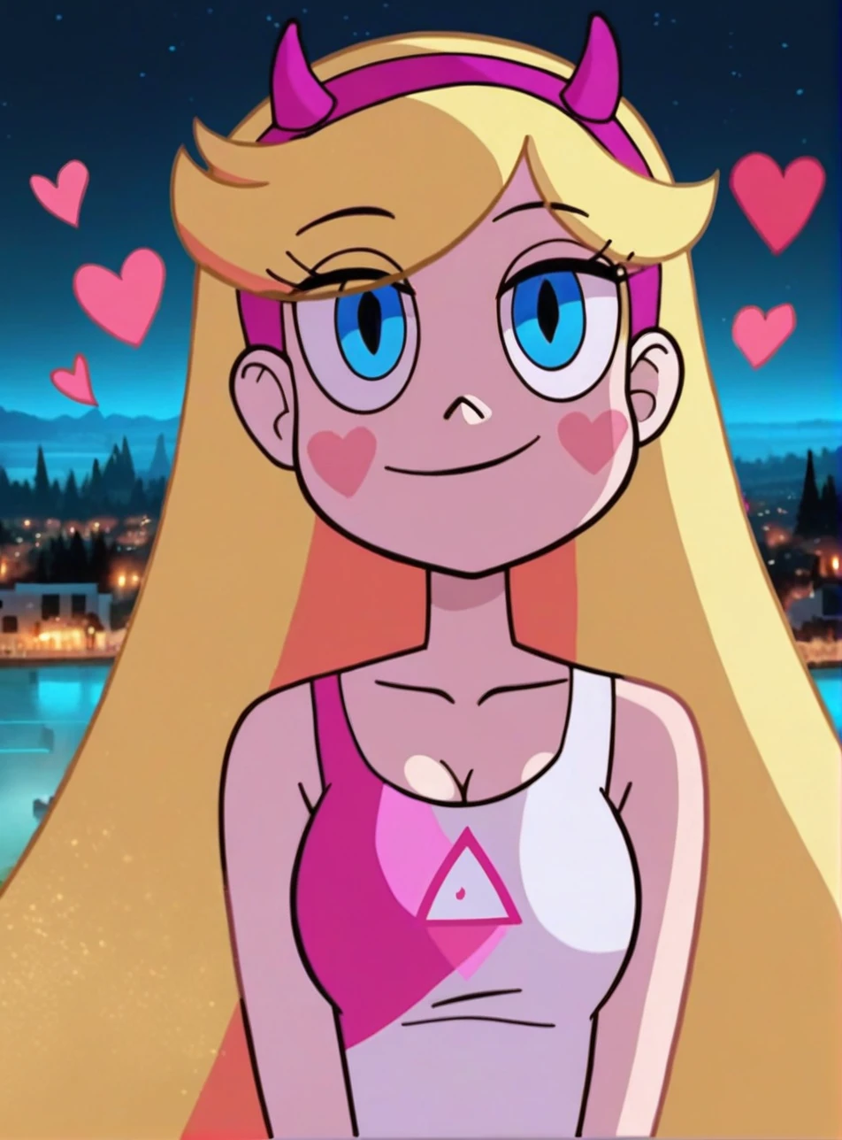 score_9, score_8_up, score_7_up,StaButty, a blonde white girl with a red headband,looking at viewer,highly detailed, intricate texture, cinematic lighting, vibrant colors, realistic,big breasts,masterpiece,blue eyes,best quality, 8k, detailed skin texture, beautiful detailed face, intricate details, ultra detailed, cinematic light, ultra high res, 8k uhd, delicate,thin,shirt,cleavage, young woman,laughting,sexy, Gorgeous princess,natural breasts, perfect anatomy,(heart shape tatoo on face:1.2), curvy, sexy, full body, shapely body, <lora:StaButty_XL_Pony:0.8>,legs,cute,Harmonious