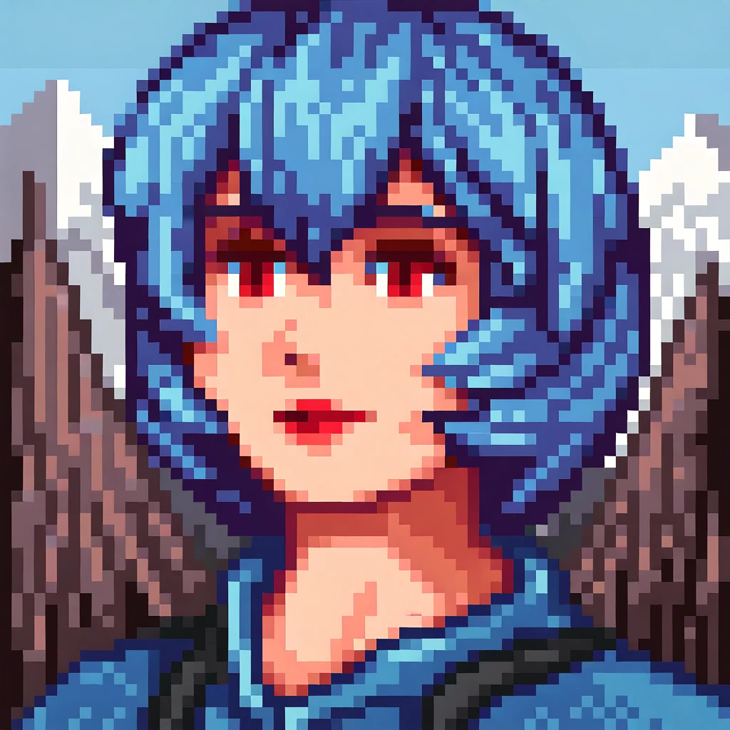 stardewxl,portrait,1girl,rei ayanami,blue hair, red eyes,  mountain,<lora:stardew_valle_portraits_pony:1>