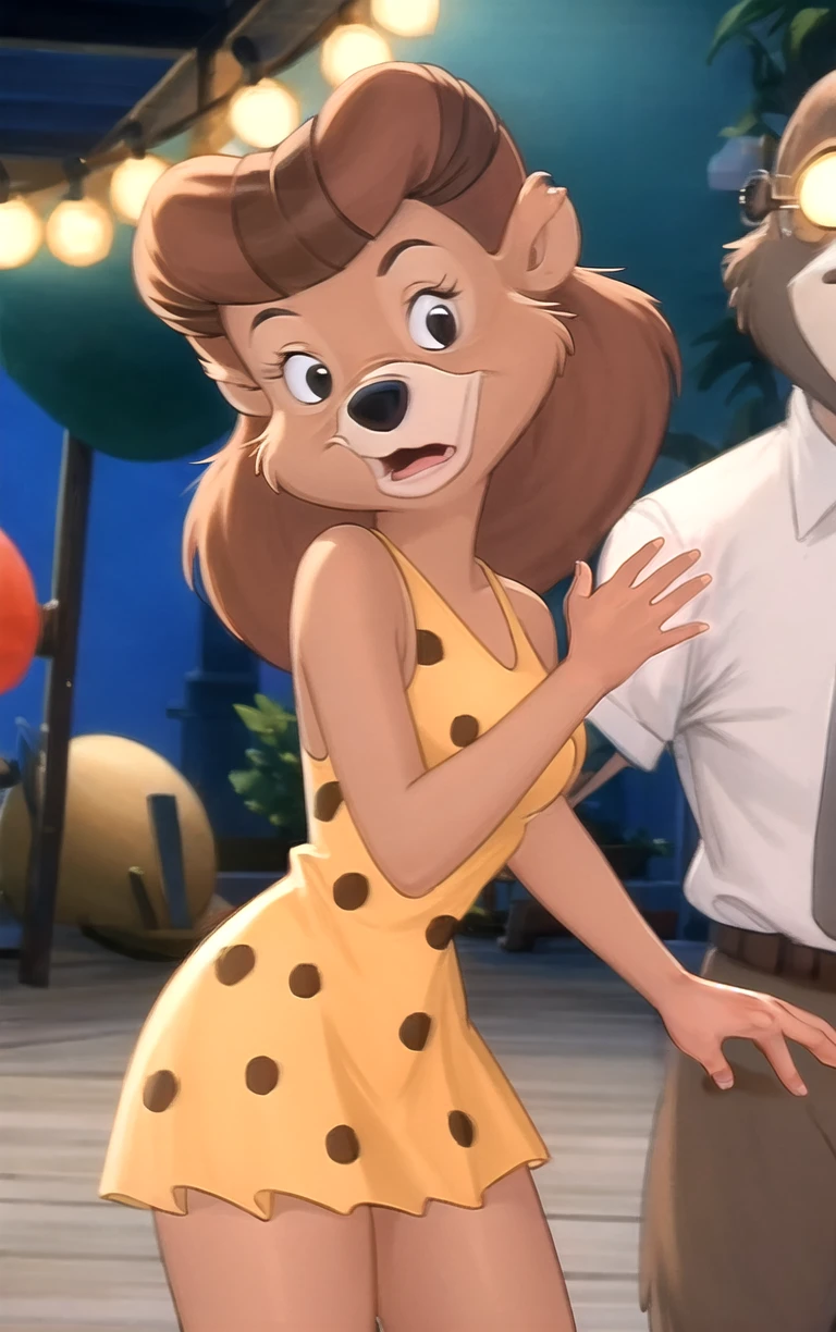 YellowDress_TaleSpin_Rebecca_ownwaifu,
1girl, brown hair, animal ears, furry female, black eyes, furry, long hair, body fur, brown fur, two-tone fur, small breasts,
yellow dress, leopard print, polka dot dress, short dress, sleeveless dress, bare shoulders, orange dress,
<lora:CARTOON_TaleSpin_Rebecca_ownwaifu:0.9> ,
((masterpiece)),((best quality)),(highres, absurdres), original, bokeh, depth_of_field, scenery, spotlight, focused, looking at viewer, solo, cowboy shot,