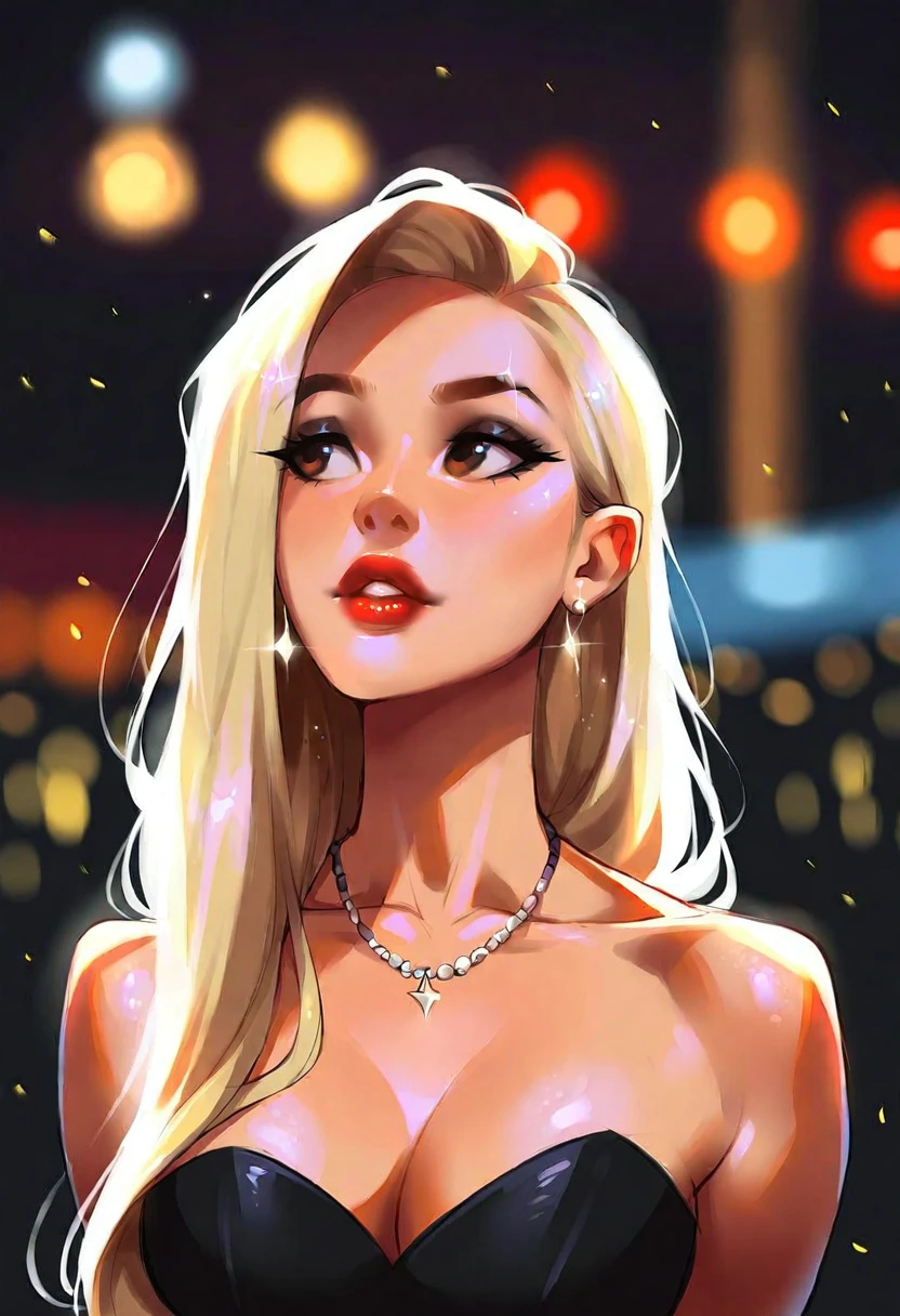 very beautiful and aesthetic, raw photo, realistic, score_9, score_8_up, score_7_up, score_6, score_5, score_4, source_anime, rating_safe, dark theme, 1girl, solo, jewelry, blonde hair, long hair, necklace, earrings, parted lips, upper body, bare shoulders, black dress, breasts, looking to the side, dress, cleavage, strapless, lips, brown eyes, hair behind ear, collarbone, looking away, makeup, blurry, sketch, strapless dress, black eyes, blurry background, medium breasts, red lips, portrait, outside,