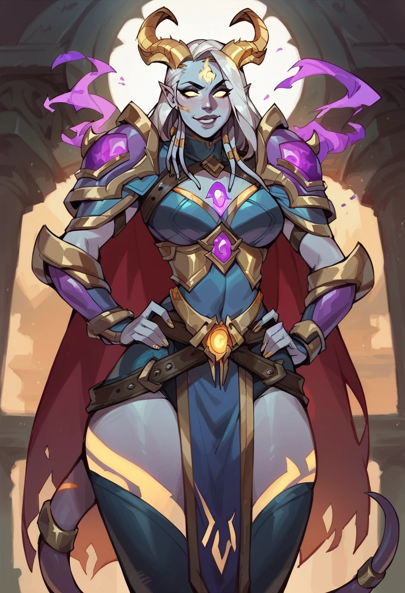 ((best quality)), (detailed), 1 women dark knight armor, 8k_wallpaper, extremely detailed eyes, (large masterpiece digital art), (intricate details:1.3 ), (ultra-detailed:1.3), (sharp focus:1.3), (natural lighting:1.05), (vivid colors:1.3), (best quality:1.4), expressive eyes, full body, detailed face, beautiful face, perfect face, ((hair sandy white curls)), ((gold horns)), (gold eyes), {{dark skin}}, ({dark skinned female}), big breasts, huge chest, powerful relief muscles of the abdomen and legs, powerful strong muscles of the arms, belly piercing with blue emeralds, mid-range pelvis and big ass, cruel predatory and cold-blooded arrogant look and smile, an open red coat with rolled up sleeves, an open coat with rolled up sleeves, a silk yellow crop top through the fabric of which the clear outlines of large pointed nipples are visible, a wide orange belt lowered lower with large gold yarn, leather shorts, leather gloves, steel gray bracers and shoulder pads, dark silver chain mail oversleeves, a medieval marching backpack made of animal skins and fur, walking along the path against the backdrop of the elven ruins of the city and colorful blooming flowers,