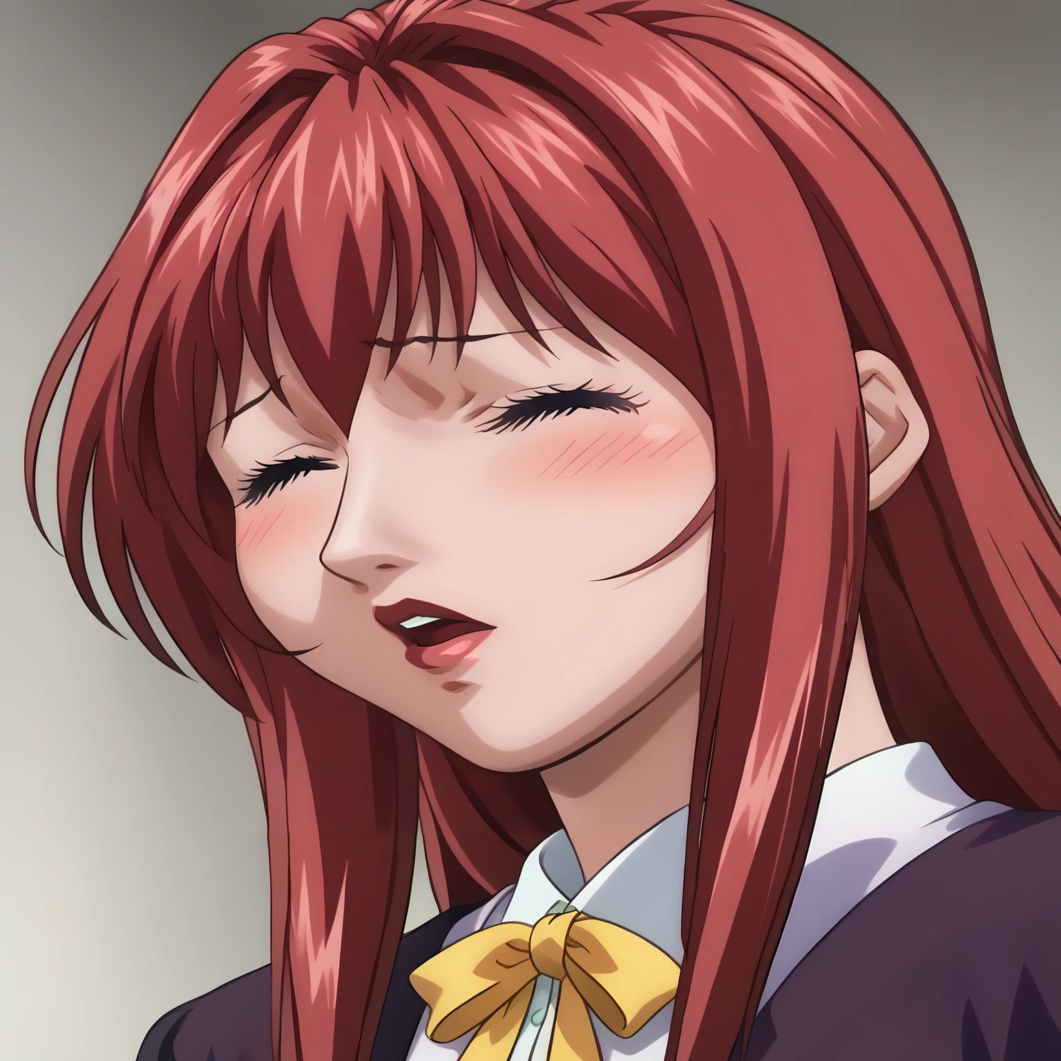 <lora:HirokoTakashiroXLpony001>,blush,open mouth,closed eyes,
solo,
HirokoTakashiro,1girl,red hair,long hair,purple eyes,red_lips_,
purple jacket,white shirt,white trim,long_sleeves,yellow ribbon,