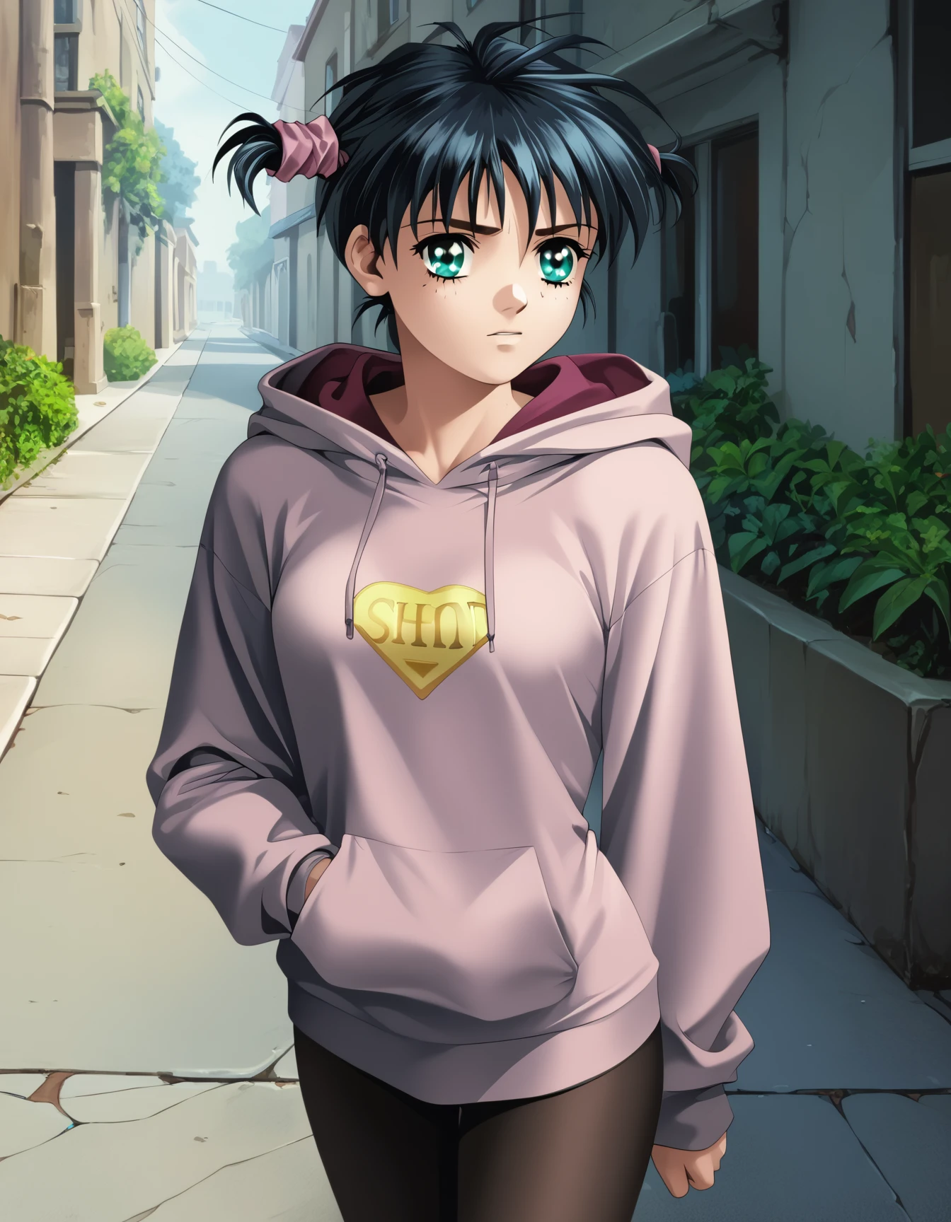 score_9, score_8_up, score_7_up <lora:silvanna-ponyxl:1> silvanna, hoodie, leggings,
1girl, solo, fashion, upper body, sidewalk, sideways glance