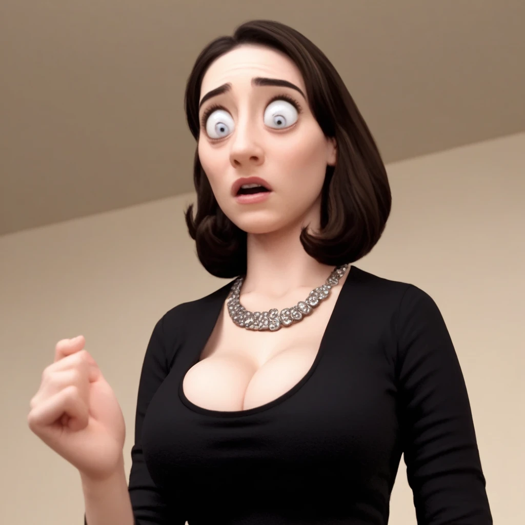 Abigail Shapiro, looking down, wide eyes, amazed, necklace, cleavage, black dress