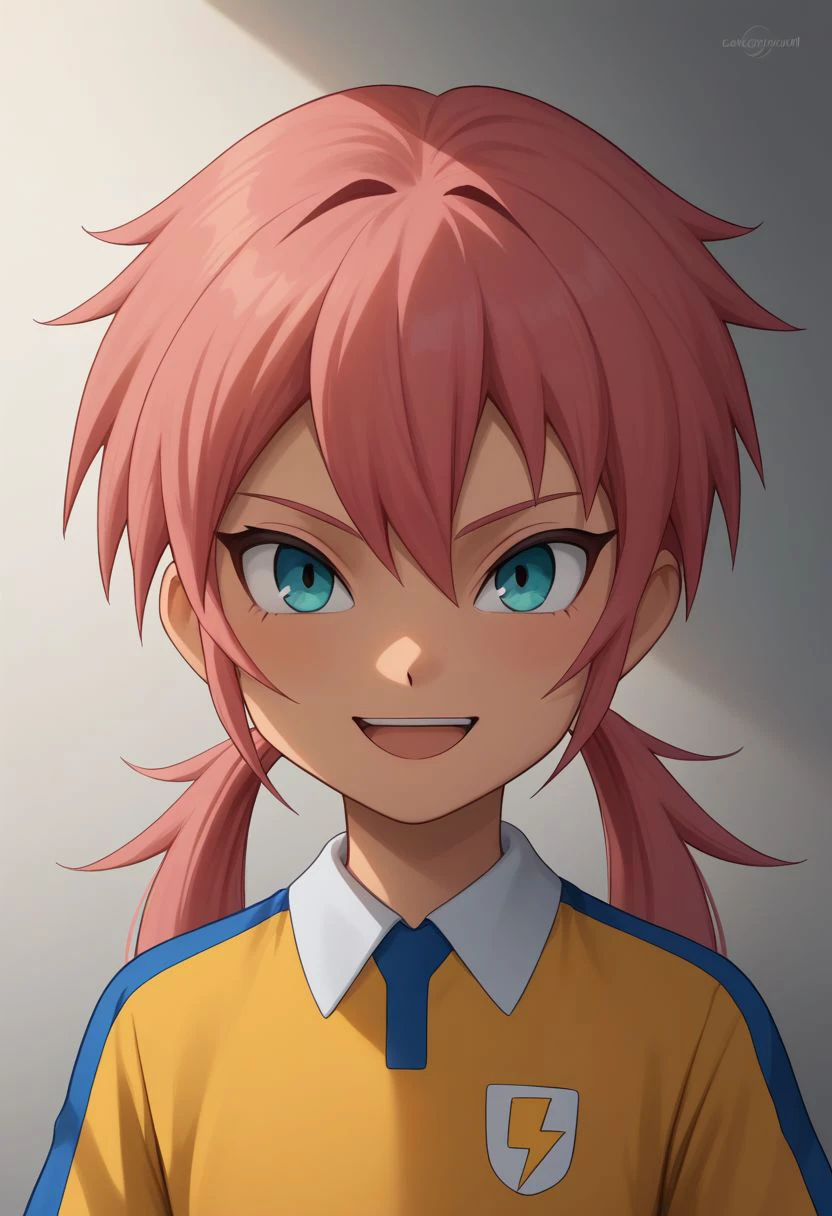 score_9, score_8_up, score_7_up, source_anime, highly detailed, 1boy, solo, male_focus, skinny, slender, cute, 
gabi_ina, male focus, 1boy, solo, raimon, raimon soccer uniform, twintails, soccer uniform, sportswear, pink hair, upper body, lightning bolt symbol, long hair, aqua eyes, simple background, open mouth, smile,