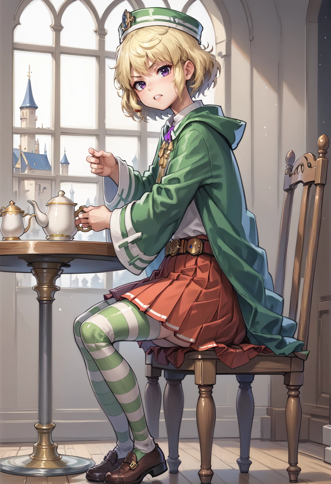 1girl, solo, skirt, blonde hair, purple eyes, red skirt, striped clothes, hat, short hair, brown footwear, pleated skirt, pantyhose, long sleeves, shoes, belt, white shirt, shirt, thighhighs, striped thighhighs, green cloak, wide sleeves, sitting, from side, holding cup, cup, teapot, chair, table, indoors, castle, looking at viewer, serious, teeth<lora:Carrie_XL:0.8>, score_9, score_8_up, score_7_up, score_6_up, score_5_up, score_4_up, BREAK source_anime, masterpiece