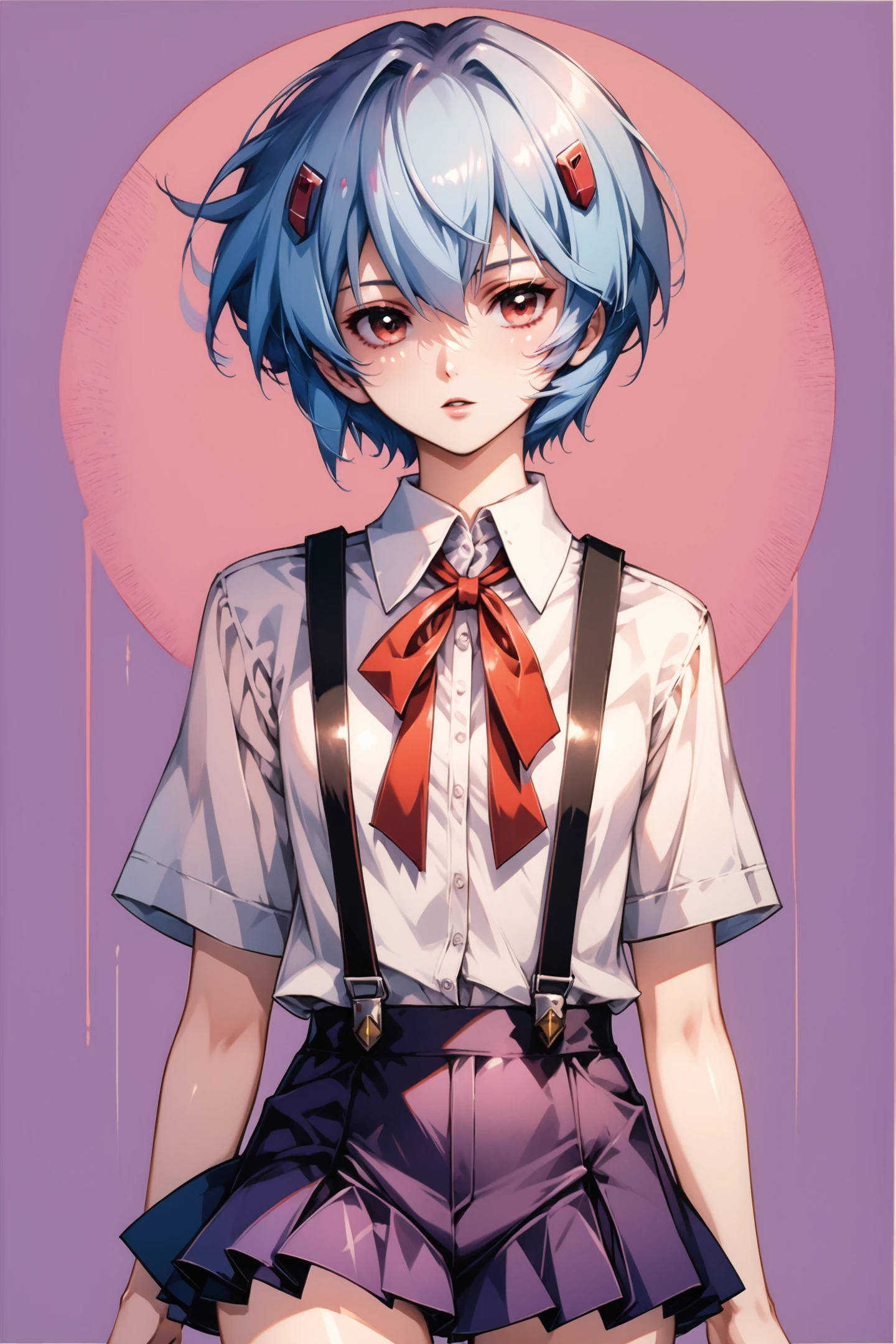 1girl,ayanami rei,solo,red eyes,short hair,school uniform,blue hair,tokyo-3 middle school uniform,signature,short sleeves,hair between eyes,suspender skirt,purple background,bangs,purple theme,shirt,cowboy shot,looking to the side,skirt,white shirt,looking at viewer,parted lips,suspenders,score_9,score_8_up,<lora:flyx3_XL_PONY:1>,