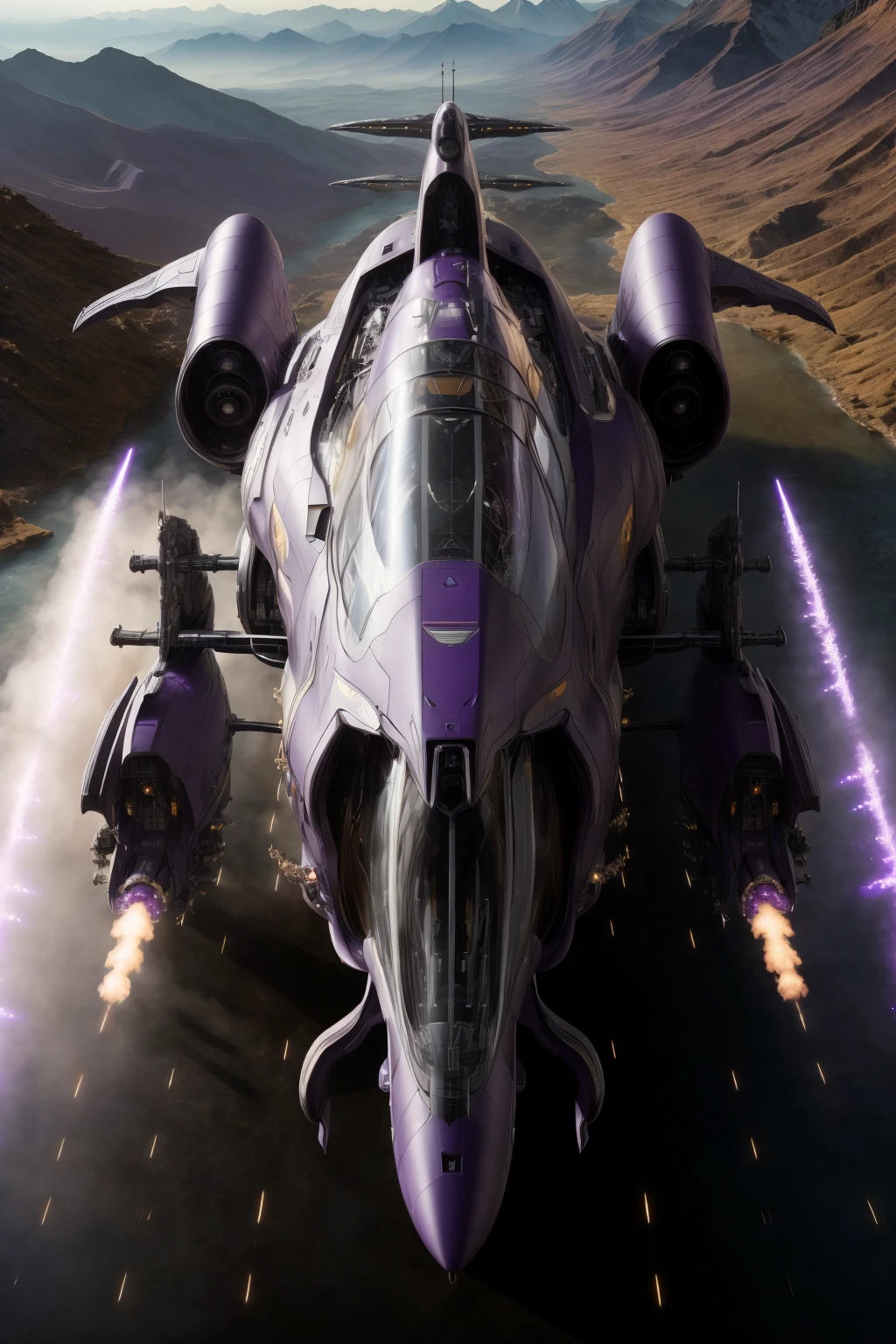 Masterpiece in photorealistic medium format 8k raw photography, (Light Zerg Purple zzspczz soaring:1.3), Nepalese Annapurna Circuit, (tilt-shift shot:1.3), realistic white smoke coming out of the reactor at full power, Hyper-realistic details, (Epic panorama:1.2), Shot with a Canon EOS R5, 50mm f/1.4 lens, Cinematic atmosphere, Perfect clarity <lora:Futuristic Spacecraft Generator Concept v5.0-000008:1>