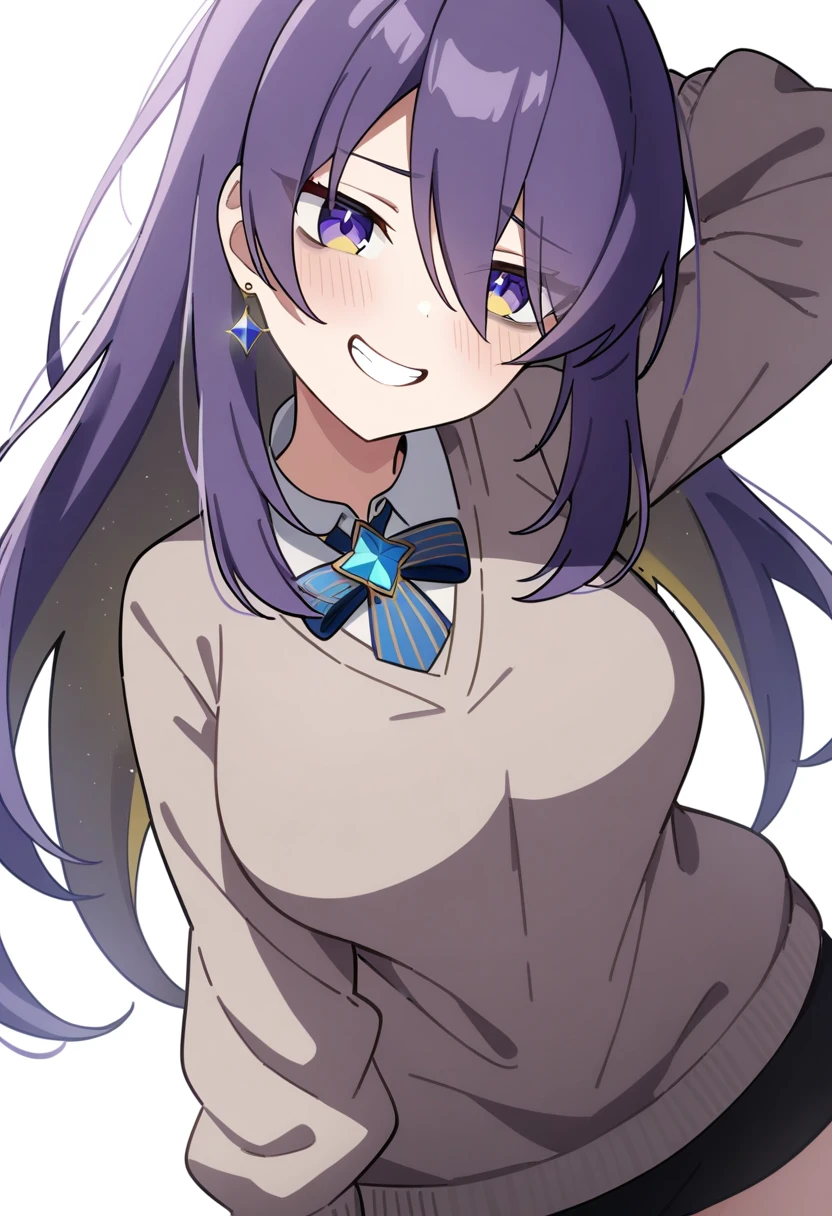 1girl, moona hoshinova, hololive, anime coloring,
long hair, purple hair, purple eyes, bags under eyes, gradient eyes, grin, sweater, large breasts, single earring,
white background,
masterpiece, best quality, very aesthetic, absurdres,