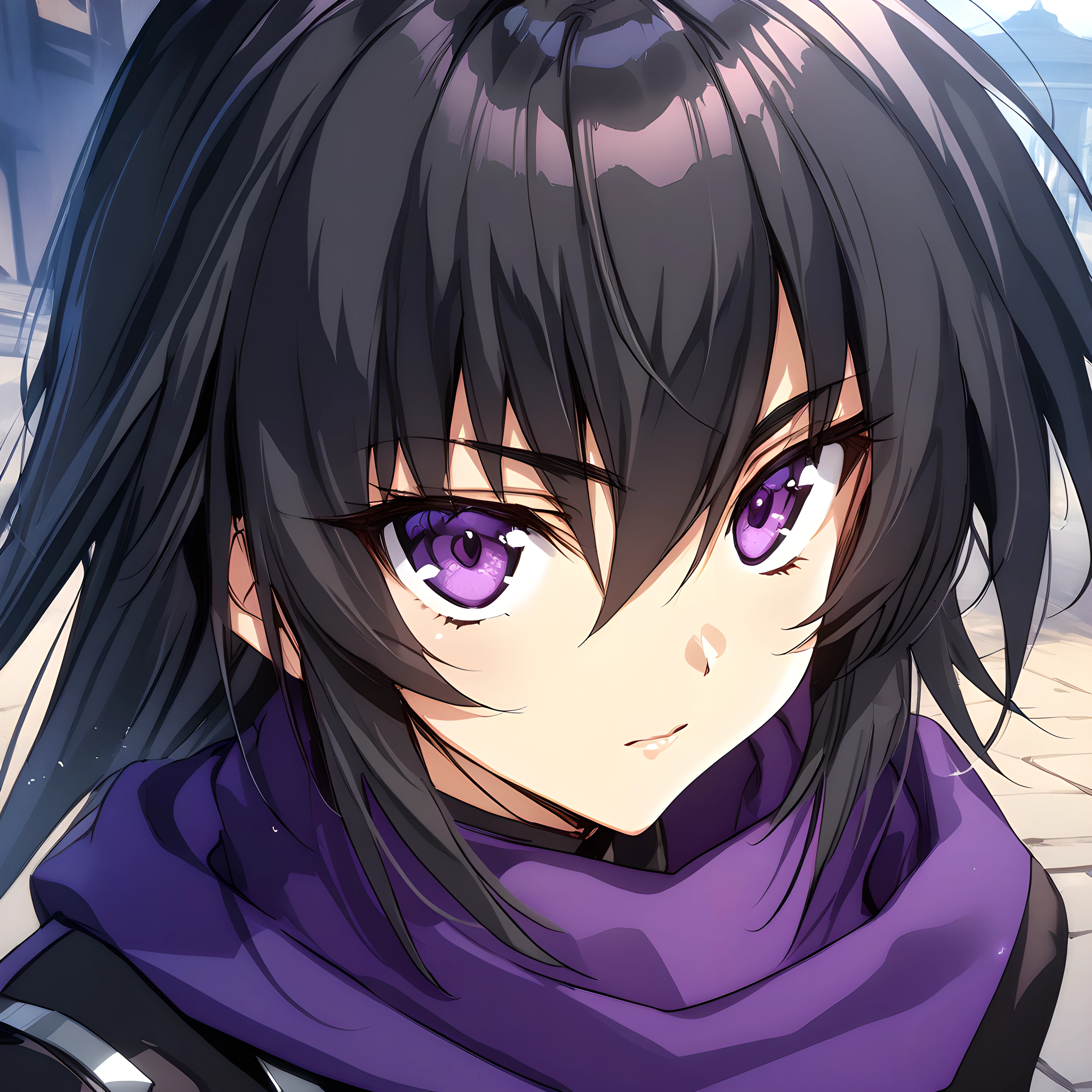 (masterpiece),(best quality),(ultra-detailed),(best illustration),(best shadow),(absurdres),(detailed background),(very aesthetic), akitsuki_karasu artstyle, dimensionstyle, ayamine kei, schooluni, portrait, close-up, purple eyes, black hair, dimension outfit, purple scarf, very close-up, <lora:XL-Ayamine_Keiå½©å³°_æ§_-_Muv_Luv_Alternativeããã©ã´ãªã«ã¿ãã¤ãã£ã_SDXL_Animagine_XL_3.1v1.5BETA:1>