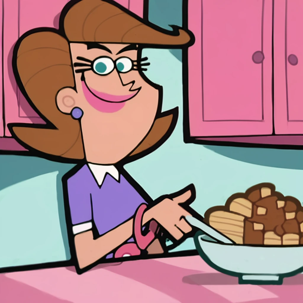 score_9, score_8_up, score_7_up, score_6_up, score_5_up, score_4_up, (Source the fairly oddparents), (rating safe), <lora:TimmysmomXL:1>, 1girl, solo, mrs. turner, sitting down at table, kitchen, indoors, looking at viewer, smile, brown hair, purple shirt, collared, shirt,
