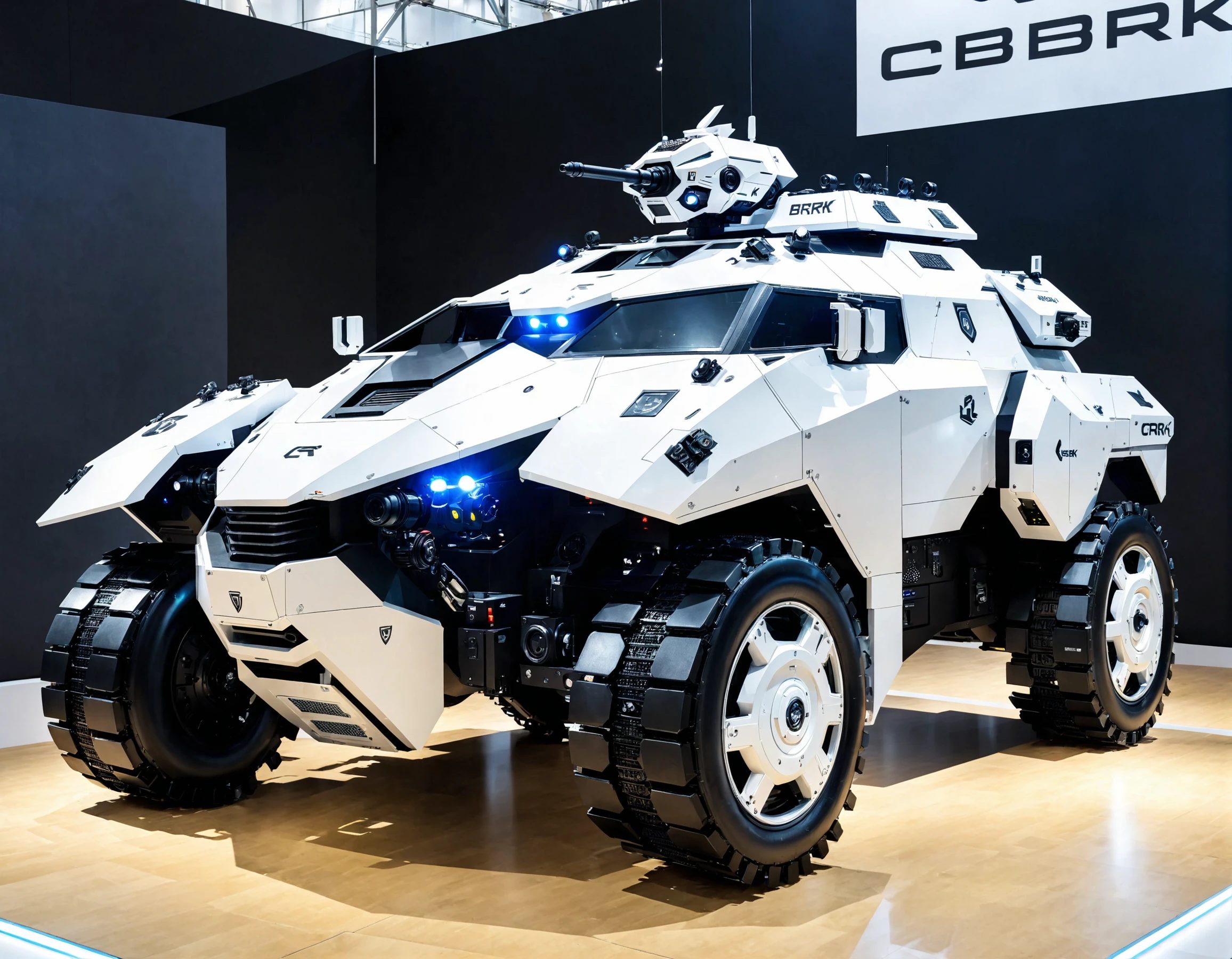 cybrk, an armored car in a large stark white exhibition, highly detailed, exciting <lora:cybrk-knight:1>
