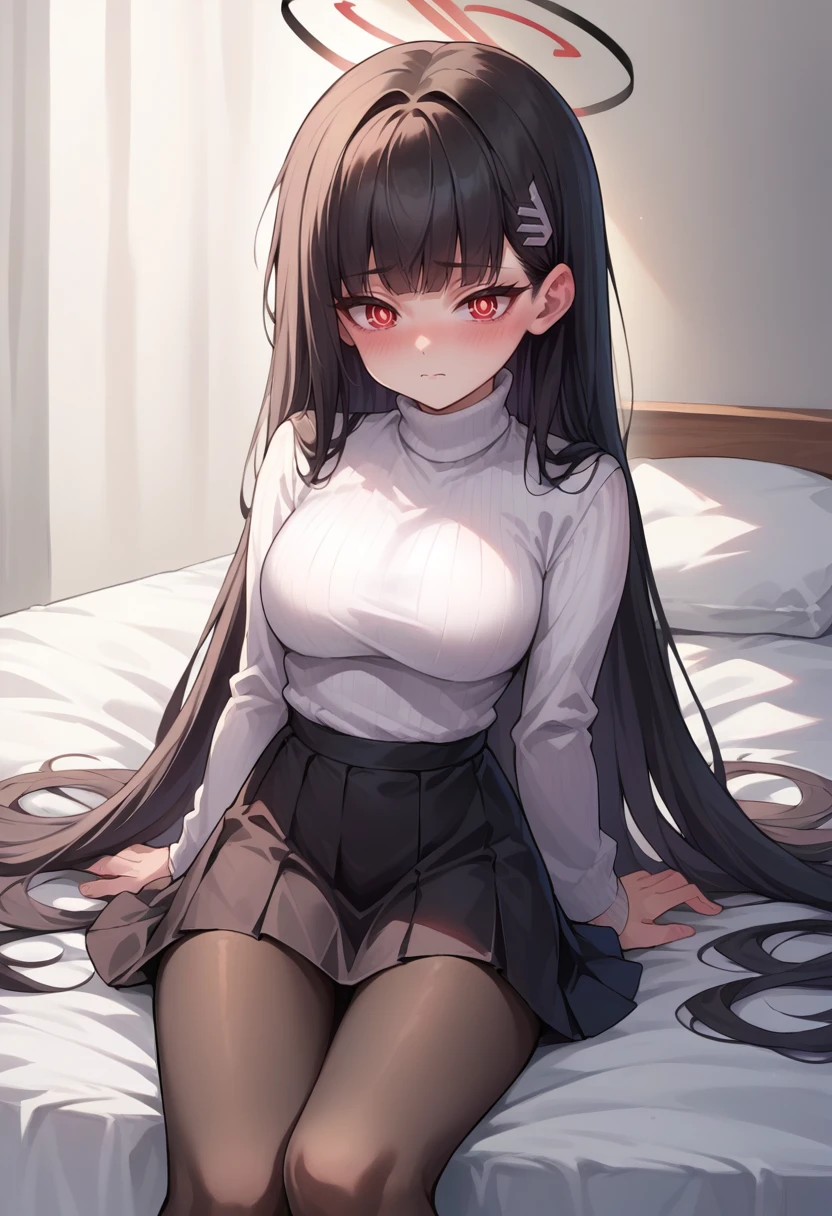 score_9, score_8_up, source_anime, 1girl, solo, RioBase, black hair, red eyes, ringed eyes, white pupils, hairclip, halo, white turtleneck sweater, black skirt, black pantyhose, on bed, ear blush, shy, <lora:ChamRioTsukatsukiPonyXL-000007:1>