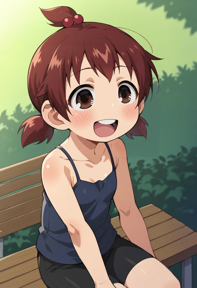score_9, score_8_up, score_8, source_anime, 1girl, (solo), girl, <lora:FutabaMarui:0.69> short hair, topknot, short twintails, dark red hair, red hair bobbles, hair ornament, brown eyes, camisole, blush, eyes wide open, laugh, upper body, bike shorts, sitting on bench,
beach background, blurry background
