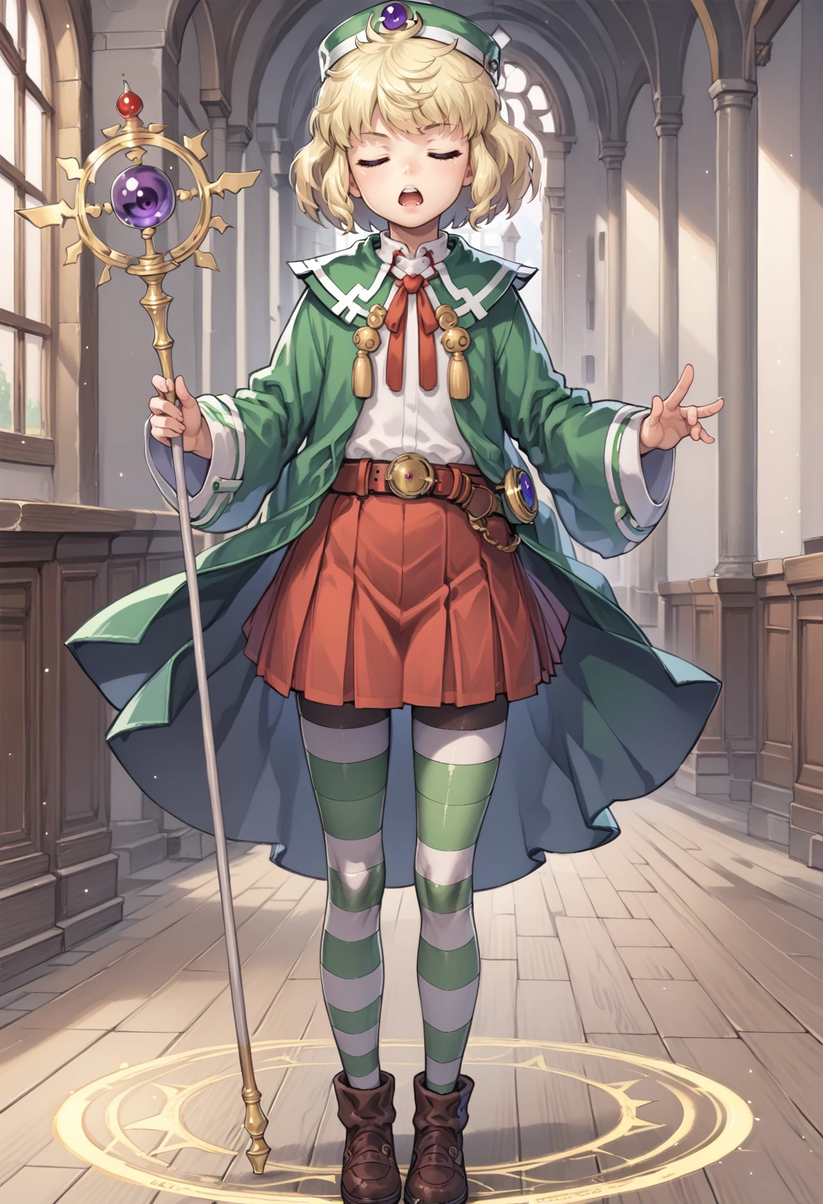 1girl, solo, skirt, blonde hair, purple eyes, red skirt, striped clothes, hat, short hair, brown footwear, pleated skirt, pantyhose, long sleeves, shoes, belt, white shirt, shirt, thighhighs, striped thighhighs, green cloak, wide sleeves, holding staff, closed eyes, open mouth, indoors, castle, casting spell, yellow magic circle, magic <lora:Carrie_XL:0.8> <lora:Tsugumomo:0.8>, score_9, score_8_up, score_7_up, score_6_up, score_5_up, score_4_up, BREAK source_anime, masterpiece