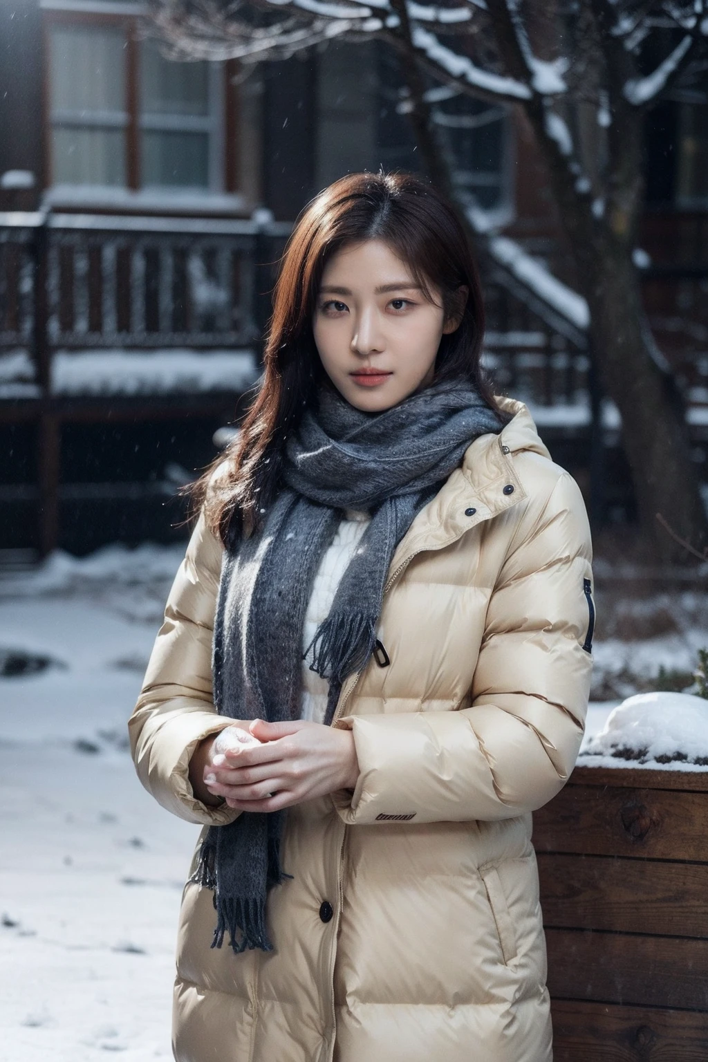 (realistic), (hyperrealism),best quality, masterpiece,ultra high res, (photorealistic:1.4),1girl,pale skin,skinny,(looking at viewer:2), <lora:add_detail:0.6>,outdoors,
<lora:makina69_hajiwon_v1.0:1>,  , scarf, winter jacket, snowing,
cowboy shot,