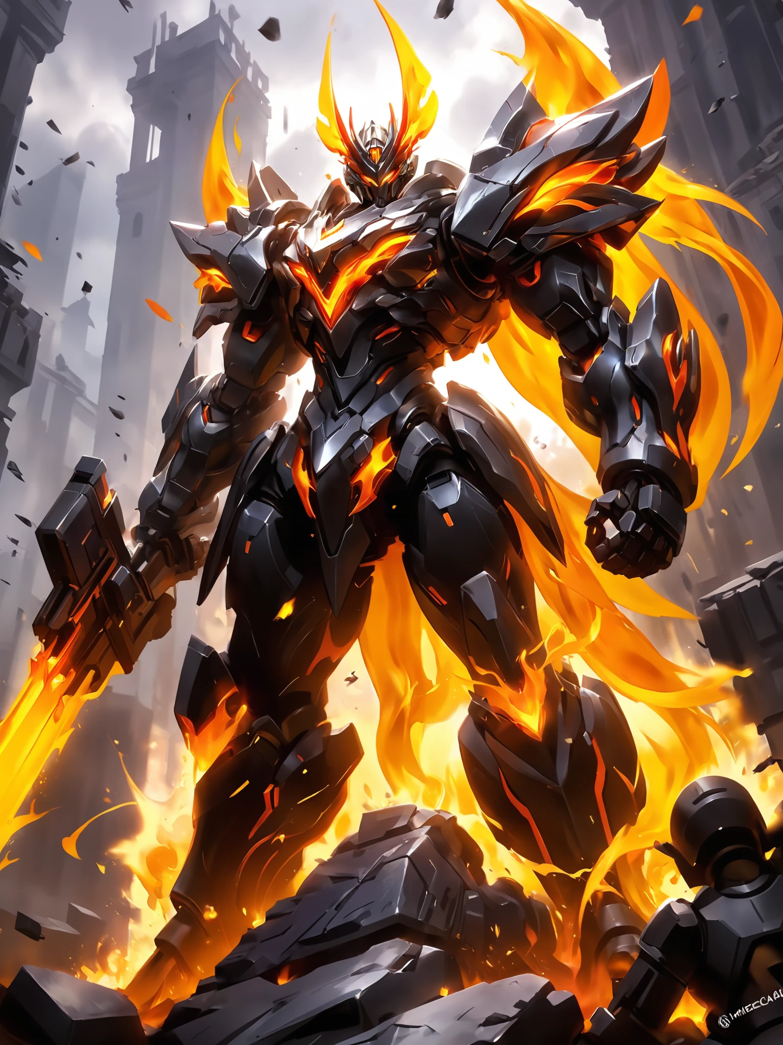 A black mech stands on the battlefield with the flames and ruins of an explosion behind it,League of Legends Splash Art,<lora:p7-nijimecha-000009:0.7>,nijimecha,