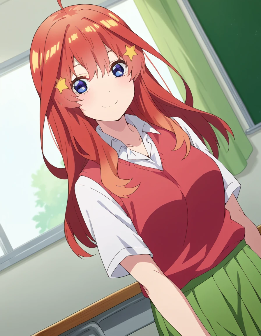score_9, score_8_up, score_7_up, source_anime,
itsukinakano, <lora:itsuki-nakano-s2-ponyxl-lora-nochekaiser:1>,
itsuki nakano, bangs, blue eyes, hair between eyes, ahoge, red hair, star \(symbol\), hair ornament, star hair ornament, mature female,
skirt, shirt, school uniform, collarbone, white shirt, short sleeves, pleated skirt, socks, collared shirt, miniskirt, kneehighs, white socks, green skirt, sweater vest, red sweater vest,
indoors, classroom, smile,
looking at viewer, cowboy shot, solo, dutch angle,
