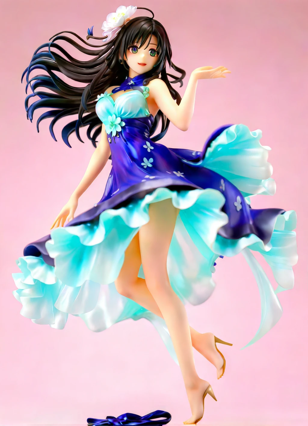 masterpiece, (1girl), (best quality), simple background, flower, (detailed eyes), light makeup, windy, from below, looking at viewer, laying , epic scene, colorful elegant dress, delighted expression, (see through:1.1), (stylish animation:0.9), (hand on breasts), erotic, modern, elegant accessories, (nsfw:1.05), beautiful foot, (barefoot), <lora:anime_figure:1>