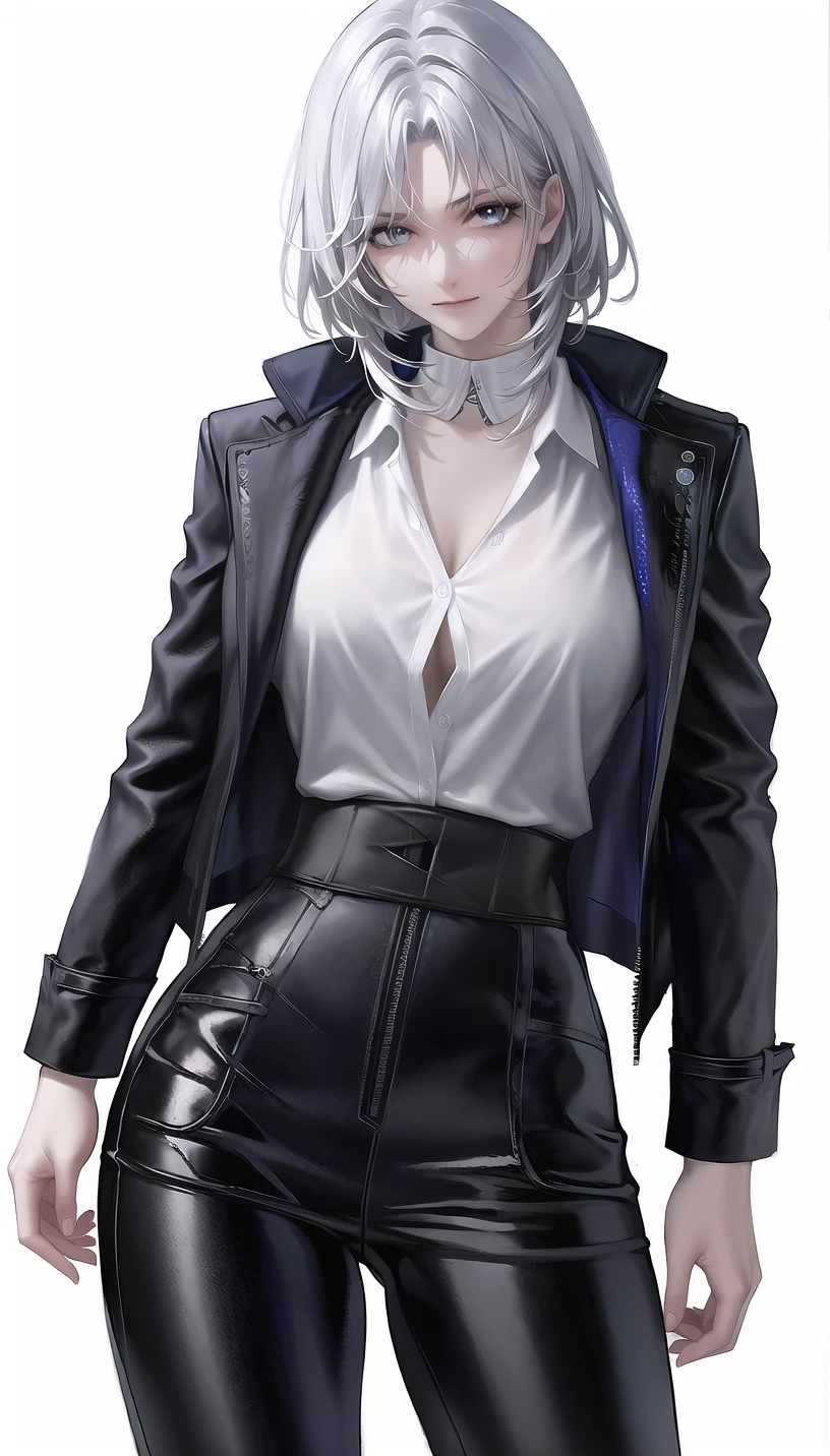 white hair,
white shirt,leather pants,blue long_coat, shiny clothes,
lady,mature female, cowboy shot,
(white background,simple background:1.18),
highres,official art,original,masterpiece,best quality,
(huge breasts:0.8),
<lora:Tetra:0.8>