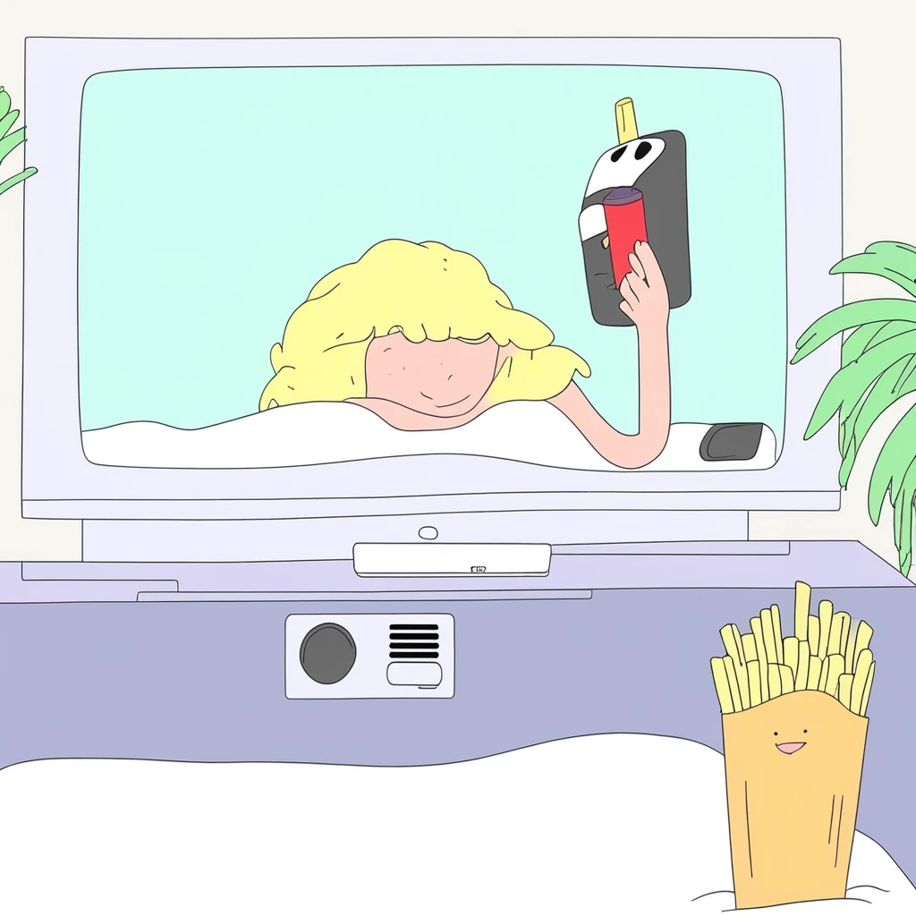 sleeping, helmet, blonde hair, palm tree, top hat, tongue, plant, towel, anthropomorphic phone, french fries, pov, tv-set with sound bar, bottle