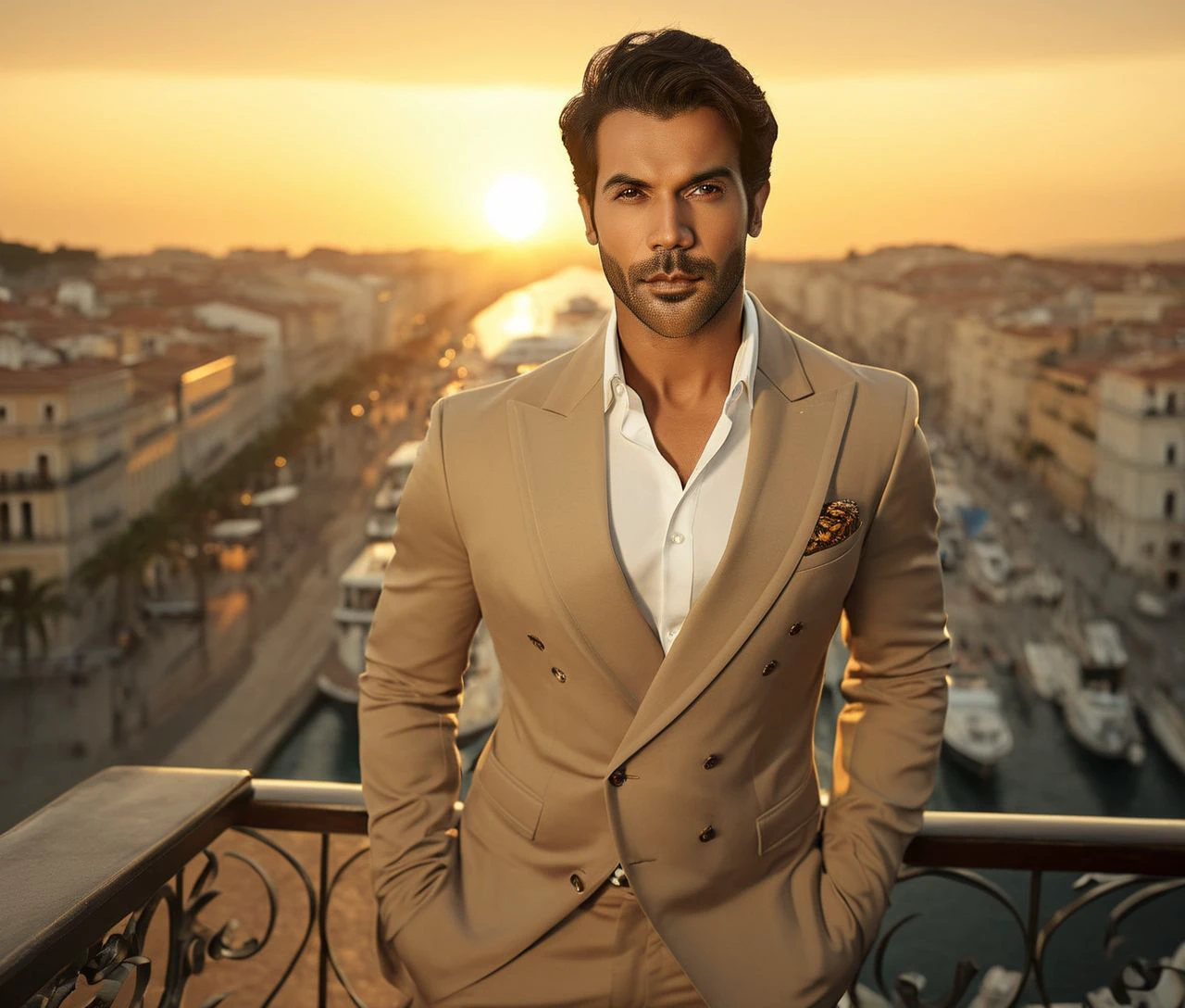 Nautical-themed (Photo:1.3) of (Ultrarealistic:1.3) <lora:Man_Men_FFashion:1> DJ AM Villanueva a man <lora:rajkummar-rao_DJ-AM:1> in a tan suit standing on a balcony, sun behind him, inspired by Pablo Munoz Gomez, shot at golden hour, editorial photograph, midshot of a hunky, by Roman Bezpalkiv, by Artur Tarnowski, maxim sukharev, by Gabor Szikszai,Highly Detailed,(Mono Color:1.3) . Sea, ocean, ships, maritime, beach, marine life, highly detailed