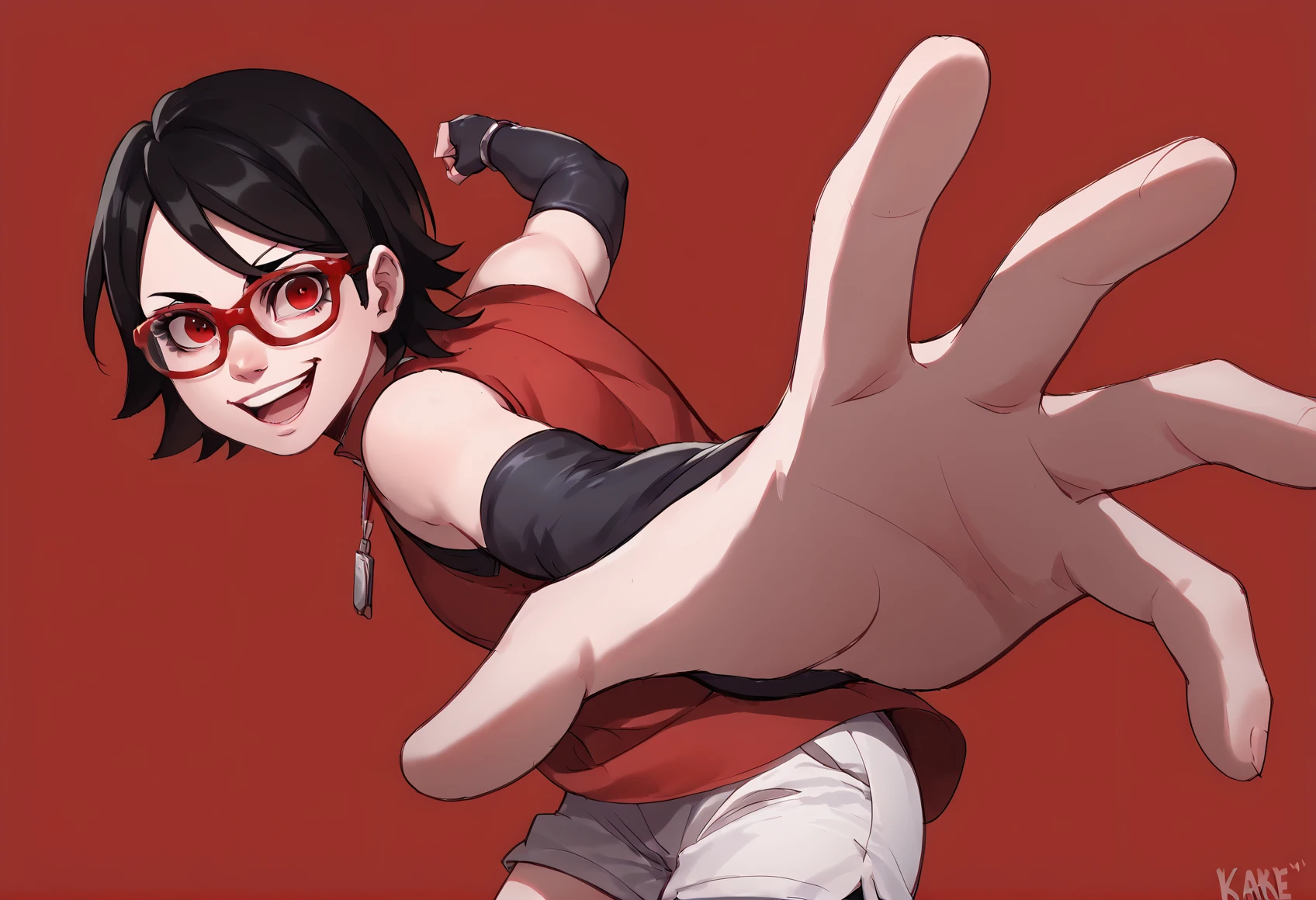 (score_9, score_8_up), score_7_up, zPDXL, Sarada Uchiha, solo, 1girl, black hair, short hair, red-framed eyewear, glasses, red eyes, red dress, sleeveless, elbow gloves, black gloves, fingerless gloves, white shorts, smile, open mouth, IncrsPunchMeme, incoming punch, <lora:PepePunchMeme_XLPD:1> <lora:Sarada_Uchiha_XL_Pony_V2:1>, <lora:Kanel_Style_XL_Pony:1>, Kanel Style, red background,