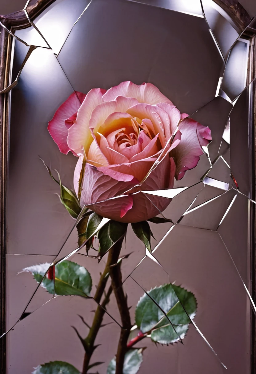 photograph, a beautiful rose, fractured image, mirror, imageshards, 