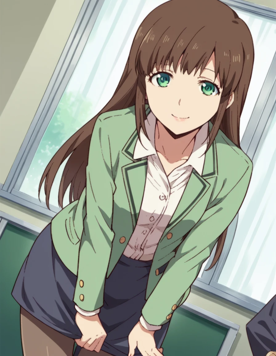 score_9, score_8_up, score_7_up, source_anime,
hinatachibana, <lora:hina-tachibana-s1-ponyxl-lora-nochekaiser:1>,
hina tachibana, long hair, brown hair, green eyes,
skirt, jacket, pantyhose, formal, suit,
indoors, classroom, bent over, smile,
looking at viewer, cowboy shot, dutch angle, solo,