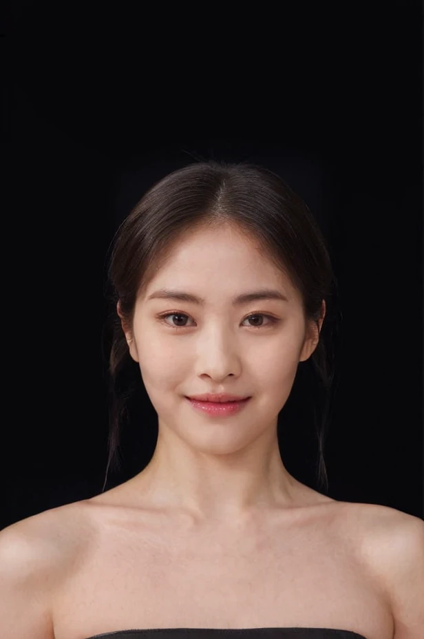 (extremely detailed eyes), korean idol, (((strapless))), raw photo, 1girl, (looking at viewer), upper body, ((full plain black background:1.3)), ((tube_top:1.6)), bare shoulders, (((bare neck))), bare head, collarbone, ((black hair:1.3)), smile, <lora:ryujinlorashyv1_6:1>