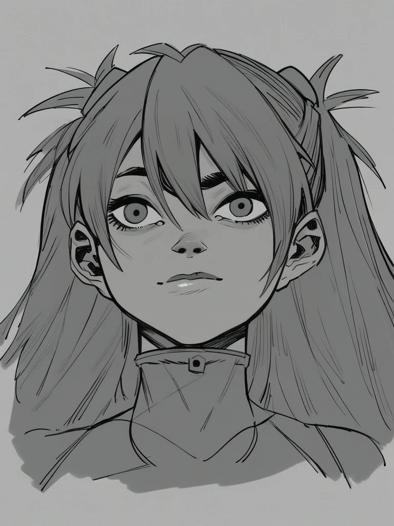 score_9, score_8_up, score_7_up, score_6_up, score_5_up, score_4_up, 1girl, in hewlls artstyle, Asuka Langley, plug suit, looking at viewer, upper body, simple background, greyscale, monochrome,, <lora:Jamie_Hewlett_GorillazTank_Girl_Style_Pony-000007:0.9>