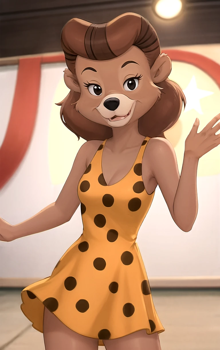 YellowDress_TaleSpin_Rebecca_ownwaifu,
1girl, brown hair, animal ears, furry female, black eyes, furry, long hair, body fur, brown fur, two-tone fur, small breasts,
yellow dress, leopard print, polka dot dress, short dress, sleeveless dress, bare shoulders, orange dress,
<lora:CARTOON_TaleSpin_Rebecca_ownwaifu:0.7> ,
((masterpiece)),((best quality)),(highres, absurdres), original, bokeh, depth_of_field, scenery, spotlight, focused, looking at viewer, solo, cowboy shot,