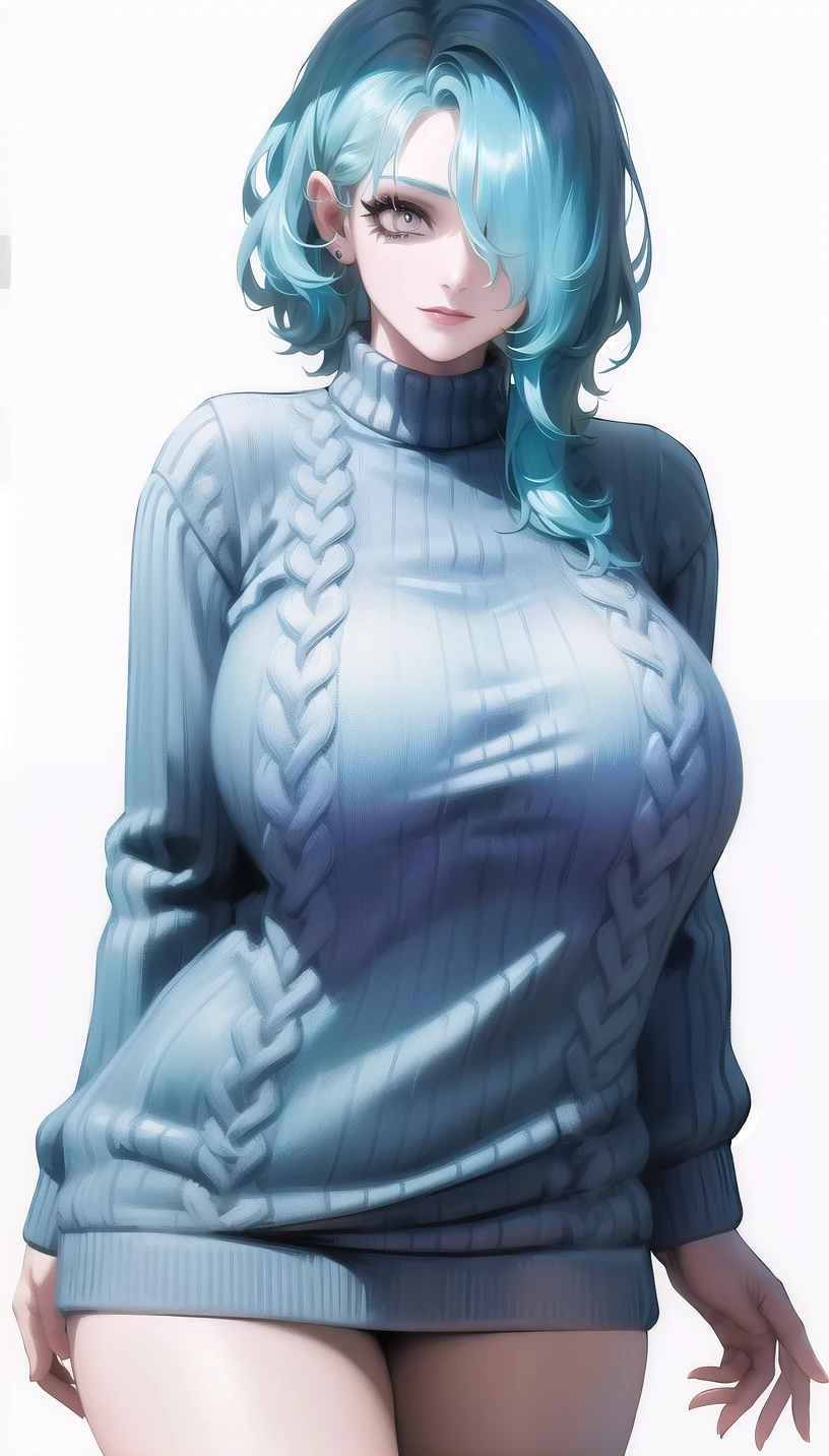 light blue hair,hair over one eye,,
(sweater:1.28),
lady,mature female, cowboy shot,
(white background,simple background:1.18),
highres,official art,original,masterpiece,best quality,
(huge breasts:0.8),
<lora:Serpent2:0.8>