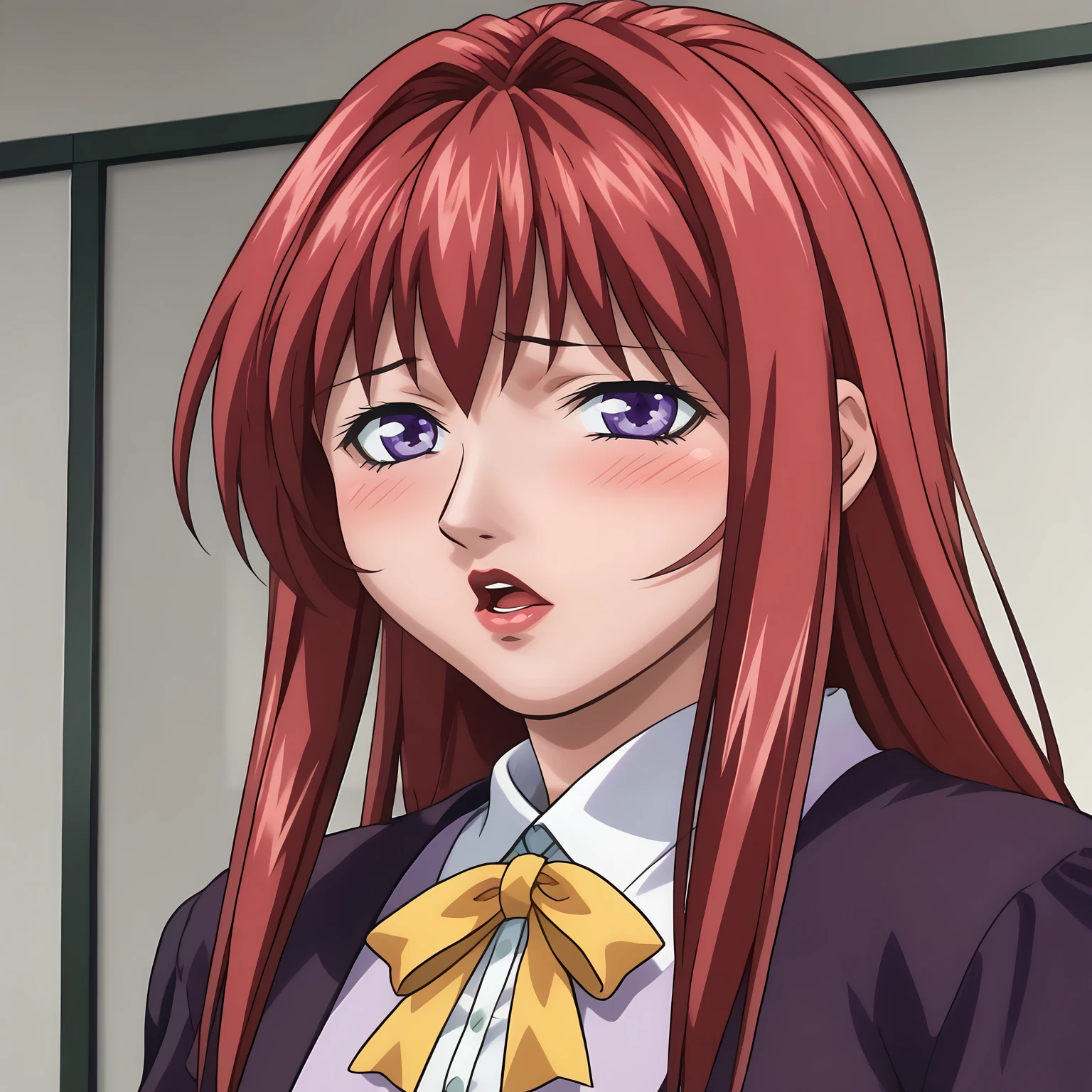 <lora:HirokoTakashiroXLpony001:0.9>,blush,open mouth,
solo,
HirokoTakashiro,1girl,red hair,long hair,purple eyes,red_lips_,
purple jacket,white shirt,white trim,long_sleeves,yellow ribbon,