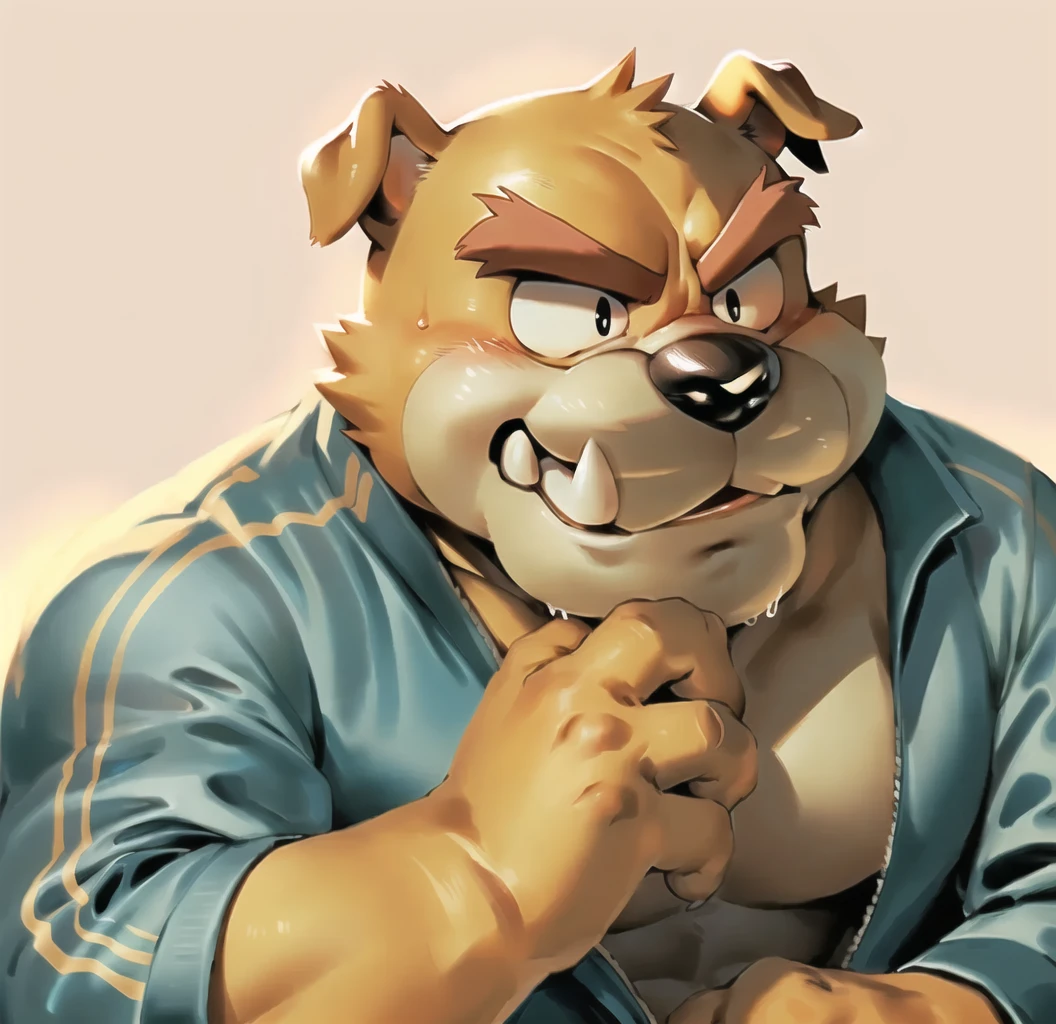 solo, male, (male anthro dribble \(warioware\), bulldog:1.3), (brown body:1.1),bright red eyebrows, thick eyebrows, (kemono:1.1), smiling, relax, open mouth, white sclera, black eyes, detailed background, 8k hd, by Pino Daeni, canyne khai, milkytiger1145, (bara), [dagasi, yupa], <lora:neg4all_bdsqlsz_V3.5:1>, 2 pupils, detailed background, small hands, the same man, no pants,  <lora:Dribbleâ¢â¢â¢â¢â¢â¢:1>, blue jumpsuit, blue tracksuit, muscular, warioware, white background, blank background, grey snout, burly