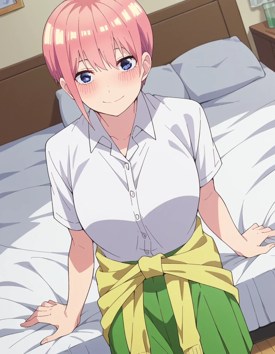 score_9, score_8_up, score_7_up, source_anime,
ichikanakano, <lora:ichika-nakano-s2-ponyxl-lora-nochekaiser:1>,
ichika nakano, short hair, bangs, blue eyes, hair between eyes, pink hair, pixie cut, smile, mature female,
skirt, shirt, school uniform, white shirt, short sleeves, pleated skirt, collared shirt, sweater, green skirt, clothes around waist,
indoors, bed, bed room, on side, blush, drunk,
looking at viewer, cowboy shot, solo, dutch angle,