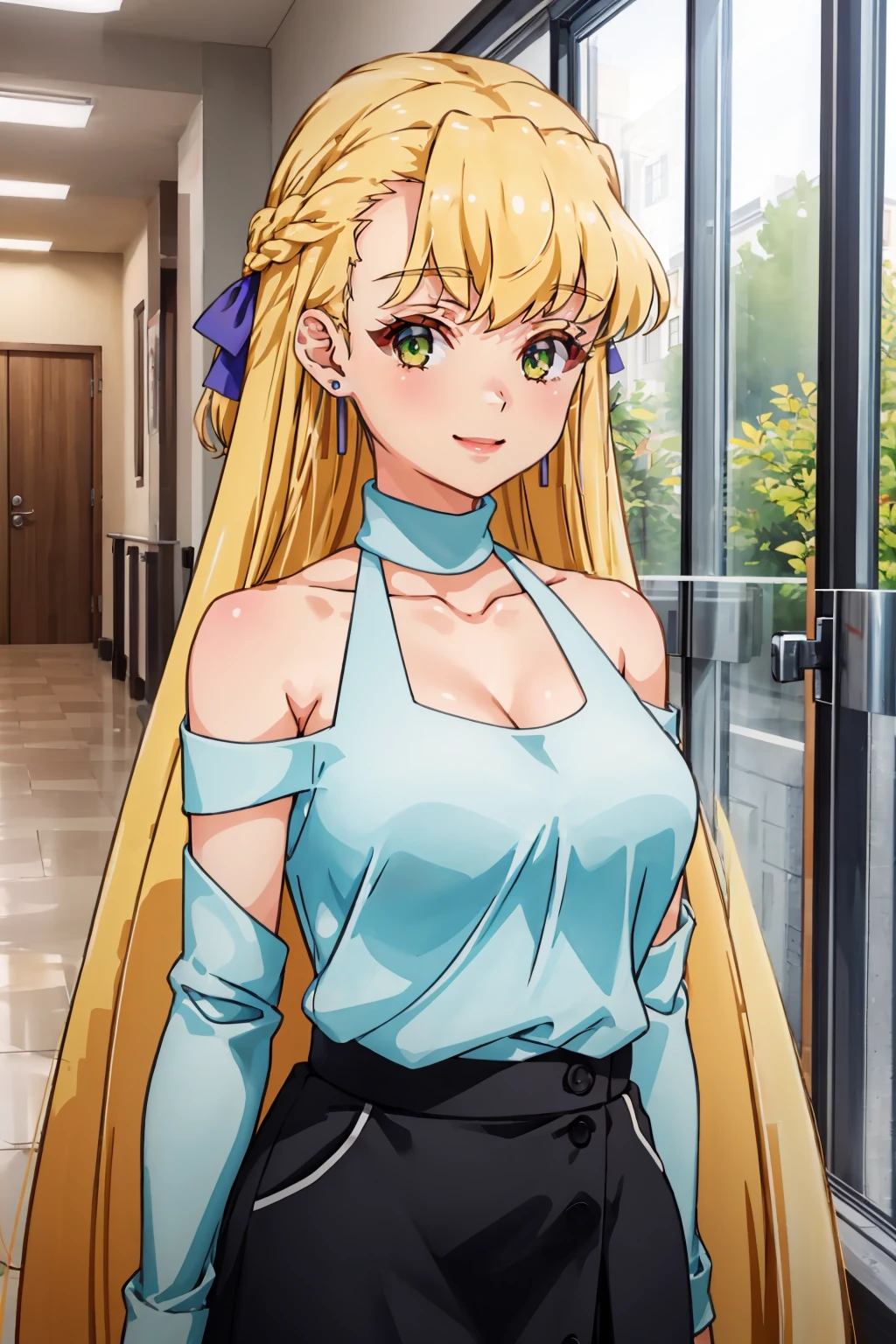 masterpiece, best quality, 1girl,  <lora:theresagriebel-nvwls-v1-000009:0.9> theresa griebel, braid, very long hair, hair ribbon, earrings, halterneck, blue shirt, shoulder cutouts, long sleeves, bare shoulder, black skirt, large breasts, looking at viewer, smile, upper body, hallway