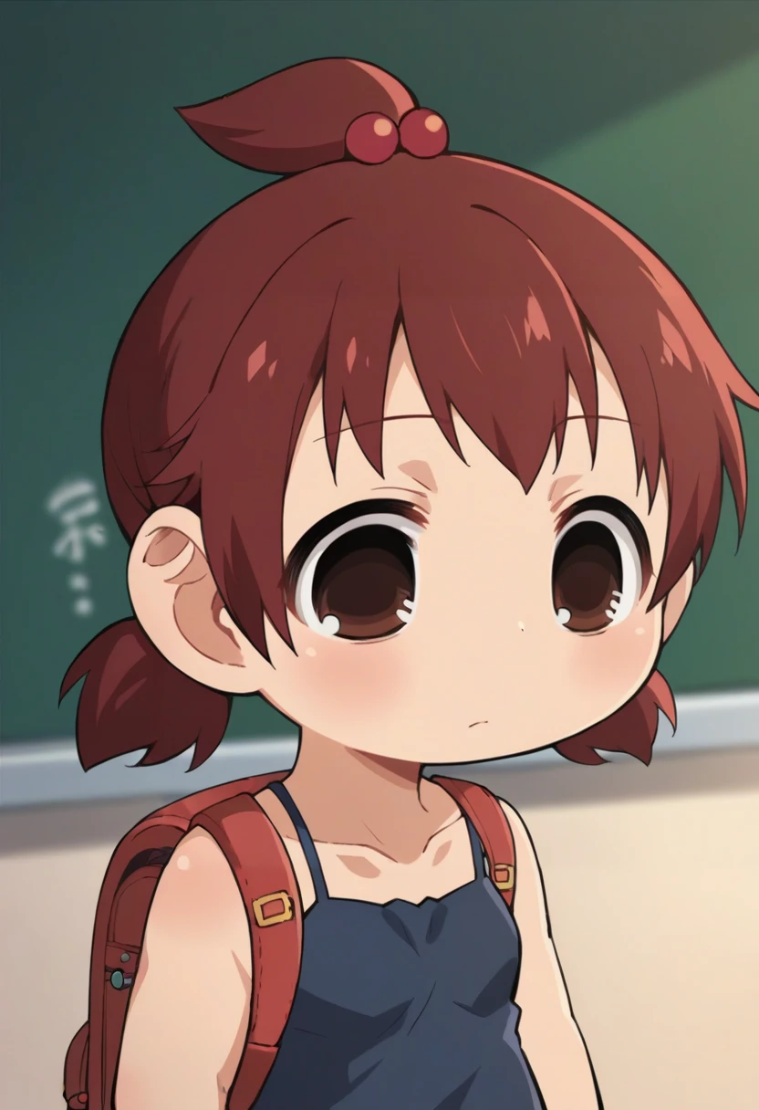 score_9, score_8_up, score_8, source_anime, 1girl, (solo), chibi, <lora:FutabaMarui:0.85> short hair, topknot, short twintails, dark red hair, red hair bobbles, hair ornament, camisole, empty eyes, brown eyes, backpack, randoseru,
classroom background, blurry background