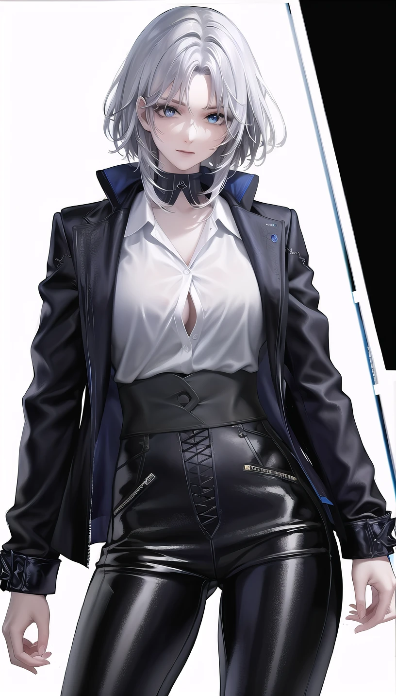 white hair,
white shirt,leather pants,blue long_coat, shiny clothes,
lady,mature female, cowboy shot,
(white background,simple background:1.18),
highres,official art,original,masterpiece,best quality,
(huge breasts:0.8),
<lora:Tetra:0.8>