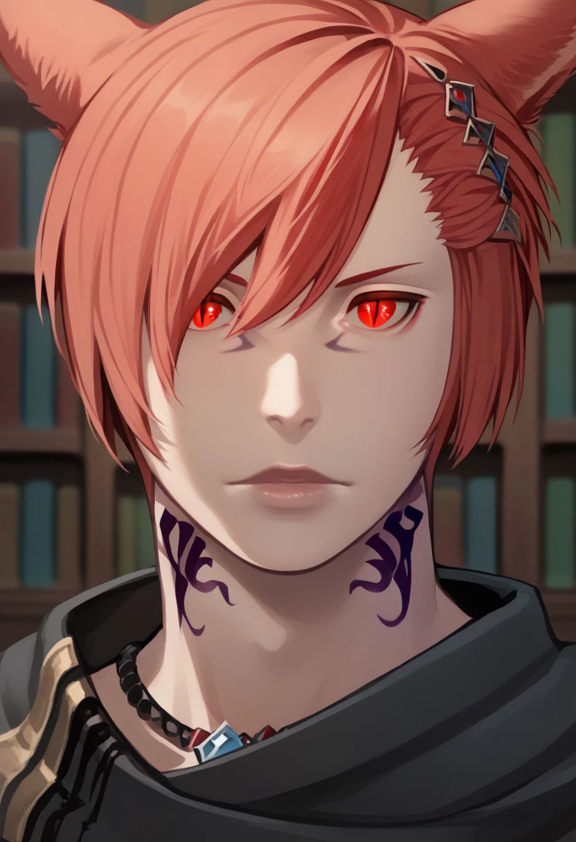 grahatiaffxivdsk, animal ears, miqo'te, solo, cat ears, red eyes, short hair, neck tattoo, red hair, tattoo, slit pupils, portrait, male focus, facial mark, cat boy, androgynous, hair ornament, bookshelf, 1boy, lips, bangs PonyXLV6_Scores