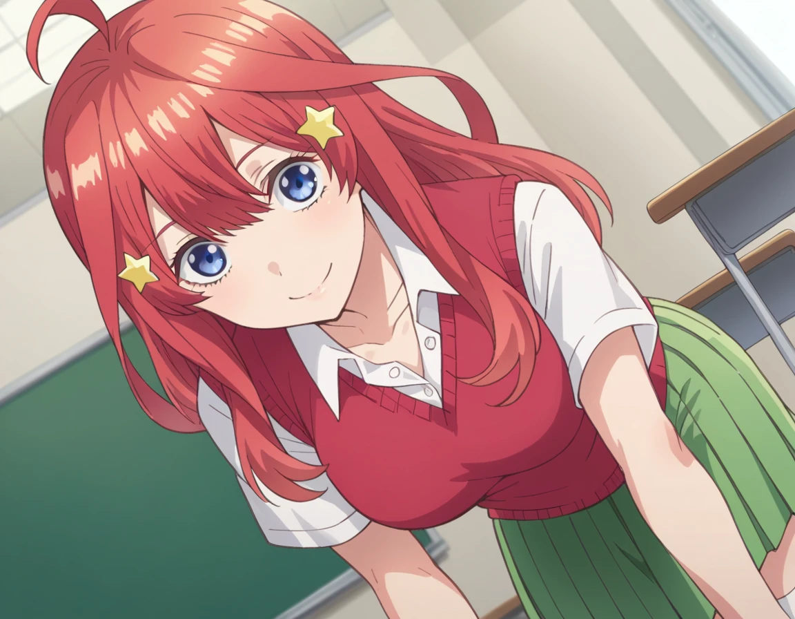 score_9, score_8_up, score_7_up, source_anime,
itsukinakano, <lora:itsuki-nakano-s1-ponyxl-lora-nochekaiser:1>, 
itsuki nakano, bangs, blue eyes, hair between eyes, ahoge, red hair, star \(symbol\), hair ornament, star hair ornament, mature female,
skirt, shirt, school uniform, collarbone, white shirt, short sleeves, pleated skirt, socks, collared shirt, miniskirt, kneehighs, white socks, green skirt, sweater vest, red sweater vest,
indoors, classroom, smile, bent over,
looking at viewer, cowboy shot, dutch angle, solo,